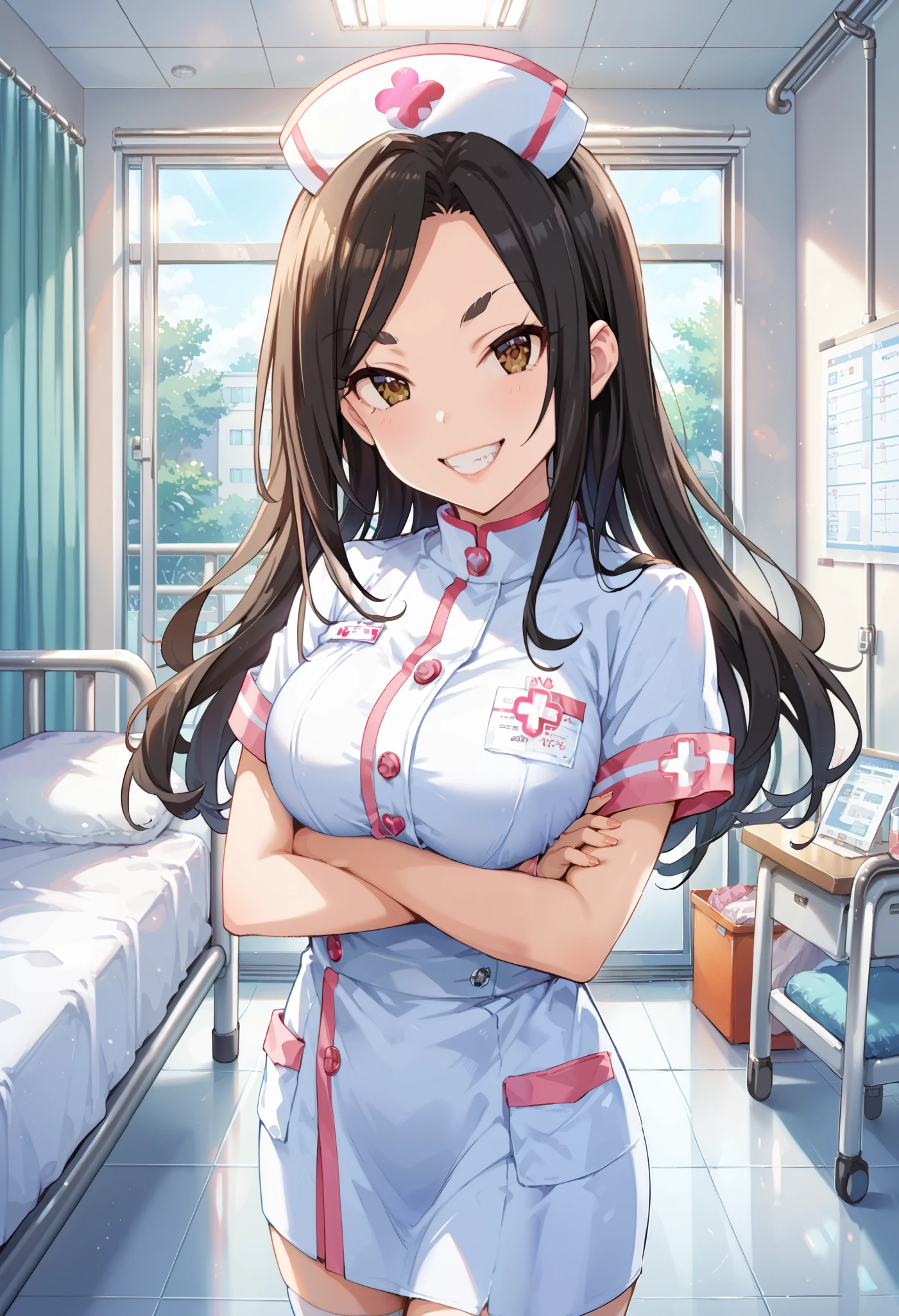 score_9, score_8_up, score_7_up, source_anime, mukai takumi, long hair, black hair, brown eyes, large breasts, masterpiece best quality, (best quality), (high quality), {masterpiece}, extremely delicate and beautiful, ultra-detailed, beautiful detailed eyes, nurse, nurse hat, ((white nurse's outfit)), white legwear, zettai ryouiki, hospital room, v-shaped eybrows, smile, teeth, crossed arms, standing