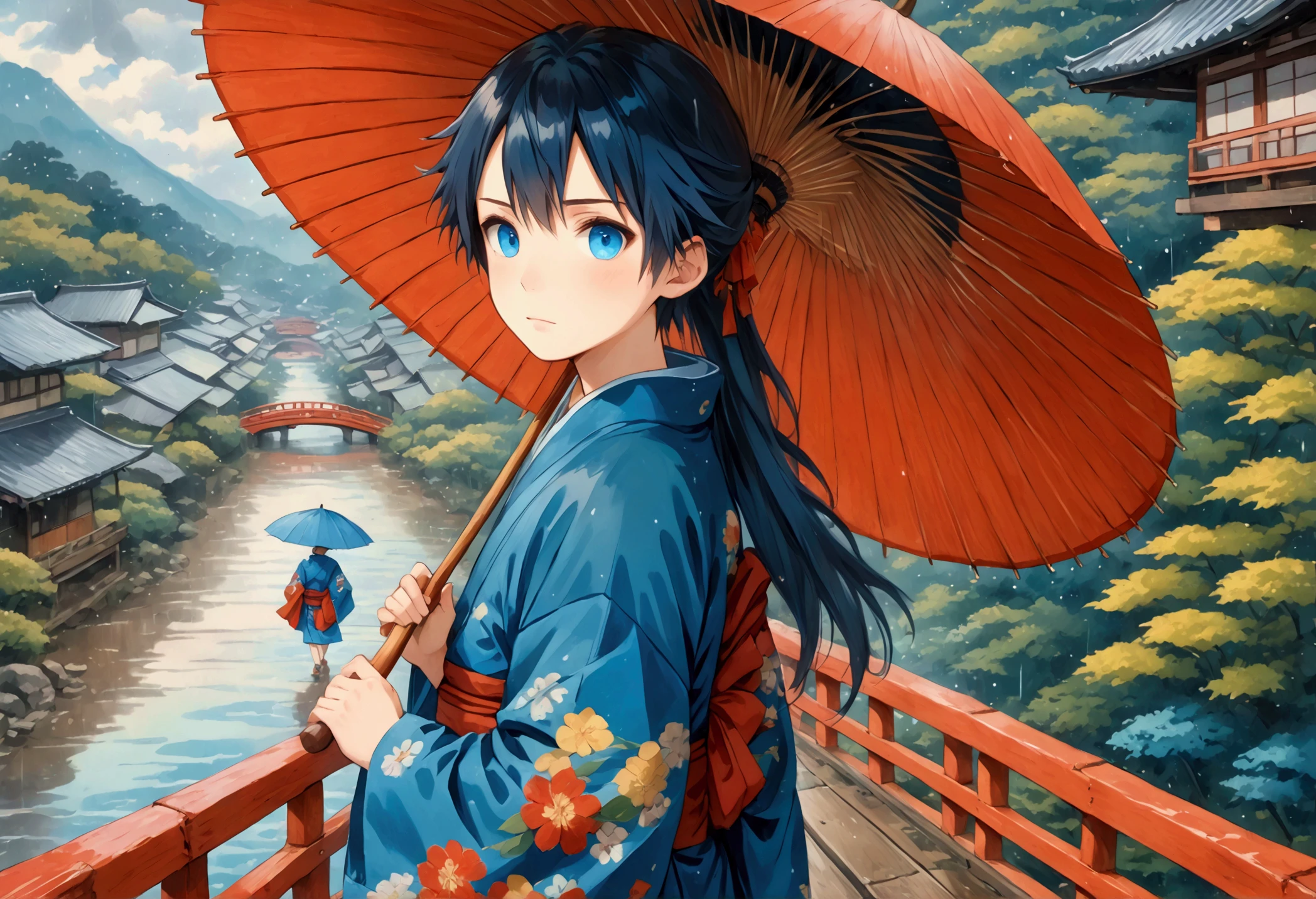 Long hair bright blue eyes  anime boy in blue kimono，Funny Japanese architecture standing on an ancient red Japanese wooden bridge holding a wooden umbrella against the camera on a rainy day