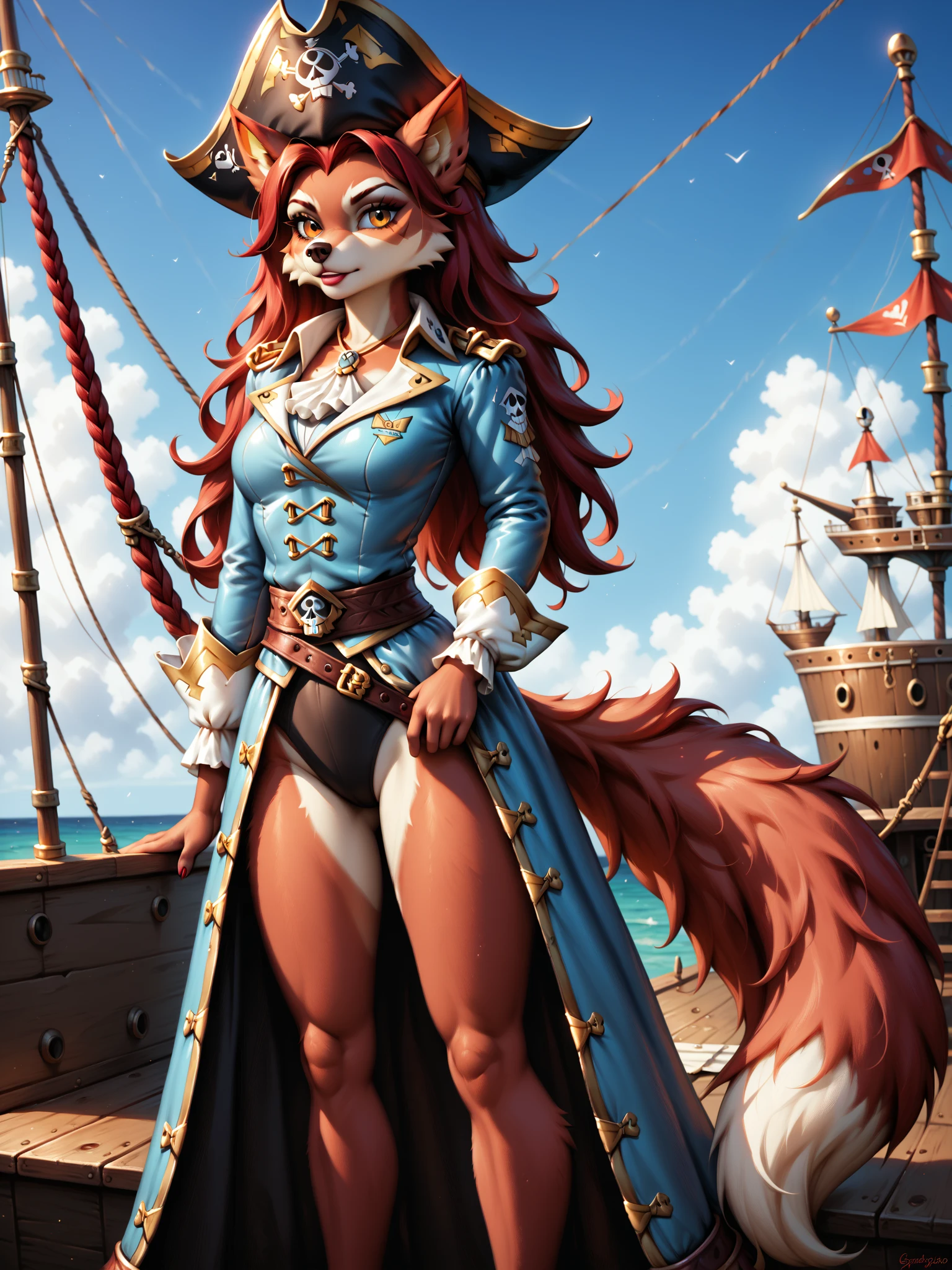 score_9, score_8_up, score_7_up, score_6_up, score_5_up, score_4_up, (solo, 1 female wolf anthro, maroon fur:1.5), long hair, orange eyes, long tail, (realistic, fluffy), (adult, beautiful, cool:1.35), (tall:1.15), (pirate captain costume:1.35), (on pirate ship:1.25), grinning, greedy, arrogant, hyper, PonyScores