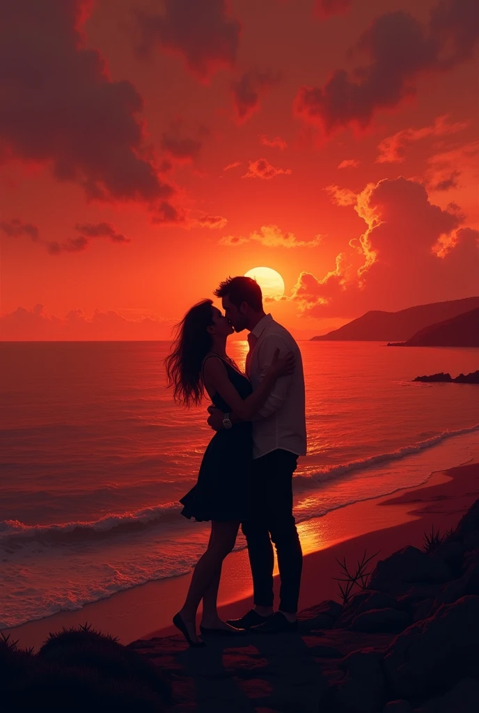 there are two people standing on the beach at sunset, gorgeous romantic sunset, romantic couple, with sunset, romantic, in the sunset, with a sunset, romantic!!!, couple, silhouette over sunset, at the sunset, on the beach during sunset, absolutely outstanding image, at a beautiful sunset, reddit post, sun set, karolina cummings, profile shot, lovers