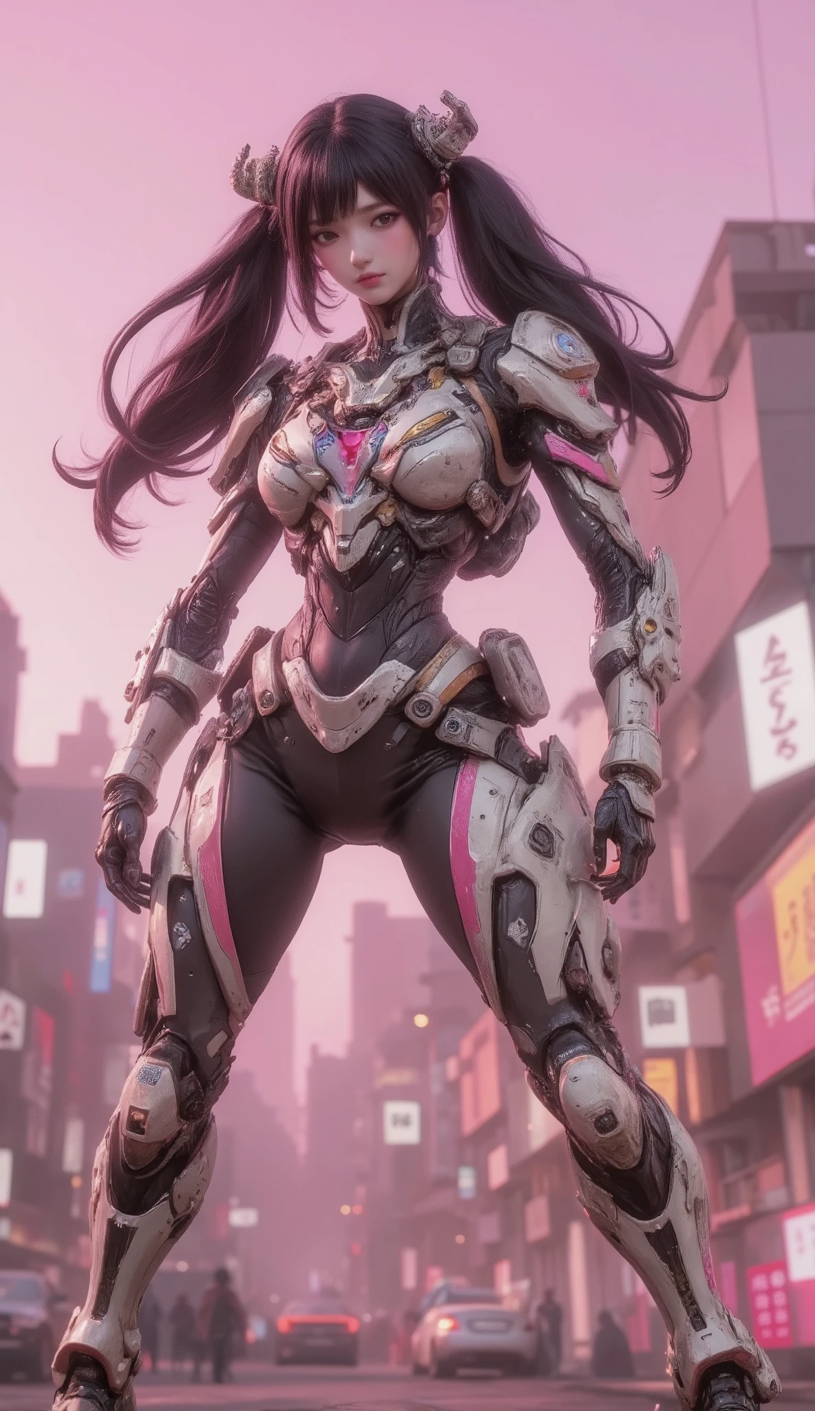 a woman in a pink dress standing in front of a giant robot, trending on cgstation, girl in mecha cyber armor, cyberpunk anime girl mech, anime mecha aesthetic, d. va from overwatch, style of macross, anime manga robot!! anime girl, makoto shinkai and artgerm, trending at cgstation, mobile suit, female action anime girl