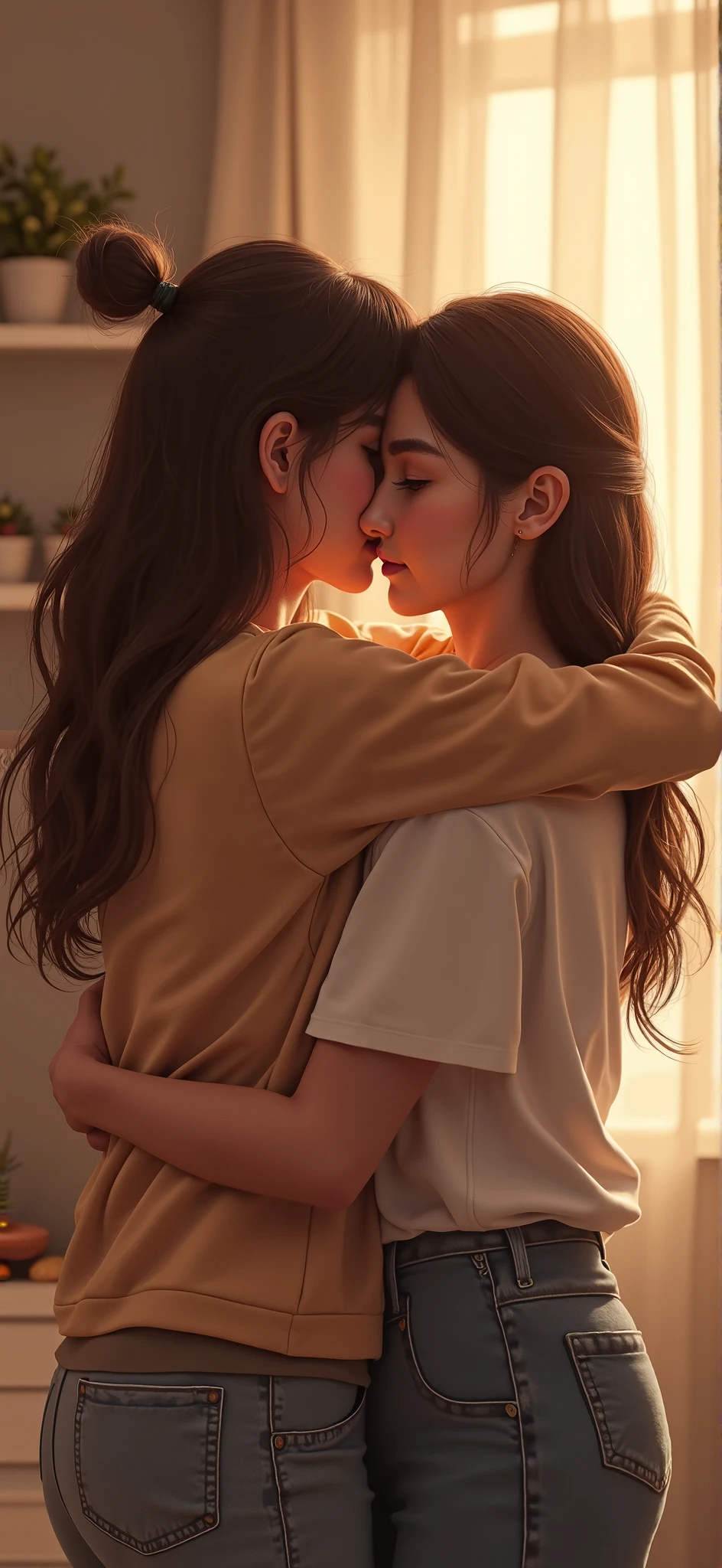 There are two women hugging each other in a room - SeaArt AI