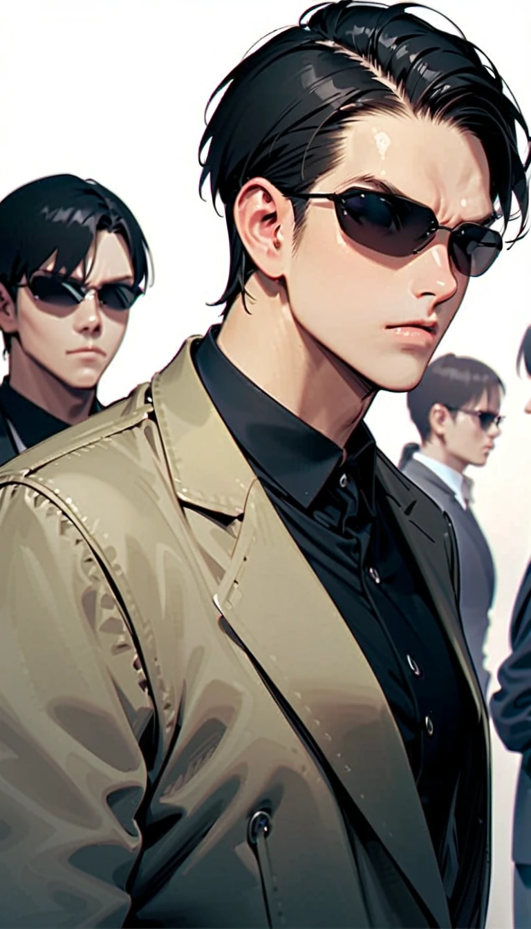 {{masterpiece, best quality, very aesthetic, absurd}},
one man, male, solo, {full body}, black hair, short hair,
agtsg, sunglasses, dark black eyewear,
formal, black suit, {khaki trench coat}, collared shirt, blindfold, simple background, white background, looking at other people, upper body, focus on face, standing,
 