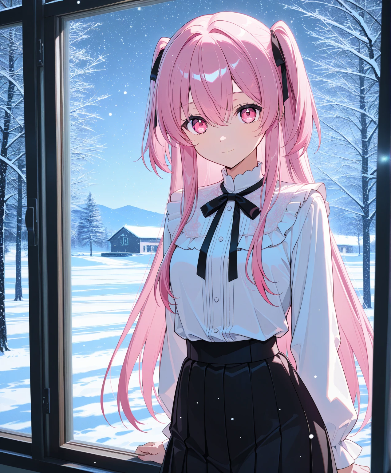 score_9, score_8_up, score_7_up, masterpiece, absurdres, source_anime,1girl, solo, adult, girl focus, adult, very detailed expressive eyes, aesthetic eyes, bright eyes, (bright pink eyes),  pink eyes, beautifully styled hair, very detailed hair, straight hair, bright pink hair, long hair, (two side up), hair between eyes, (straight hair), styled hair,  little smile, looking at viewer, small breasts, shiny skin, healthy skin colour, BREAK
(white blouse, black skirt), indoors, standing near window, snowing outside, evening, half body, cowboy shot, BREAK
HDR, 8K, masterpiece, best quality, amazing quality, very aesthetic, high resolution, ultra-detailed, absurdres, newest, scenery, 
masterpiece, scenery, aesthetic detailed background, best quality, game cg aesthetics,
 beautiful detailed eyes, detailed skin, detailed hair, light particles,  photo background, depth of field, 
(masterpiece), best quality, ultra-detailed, 1024k UHD wallpaper, ultra-high resolution, depth of field, HDR, Ray tracing, RTX, high saturation, photon mapping, best texture quality, best compotitions, (extremely detailed CG 1024k wallpaper), High Details, Detailed face, Detailed Clothes, Ultra HD Photo, Perfect Face, expressive eyes, bright colours