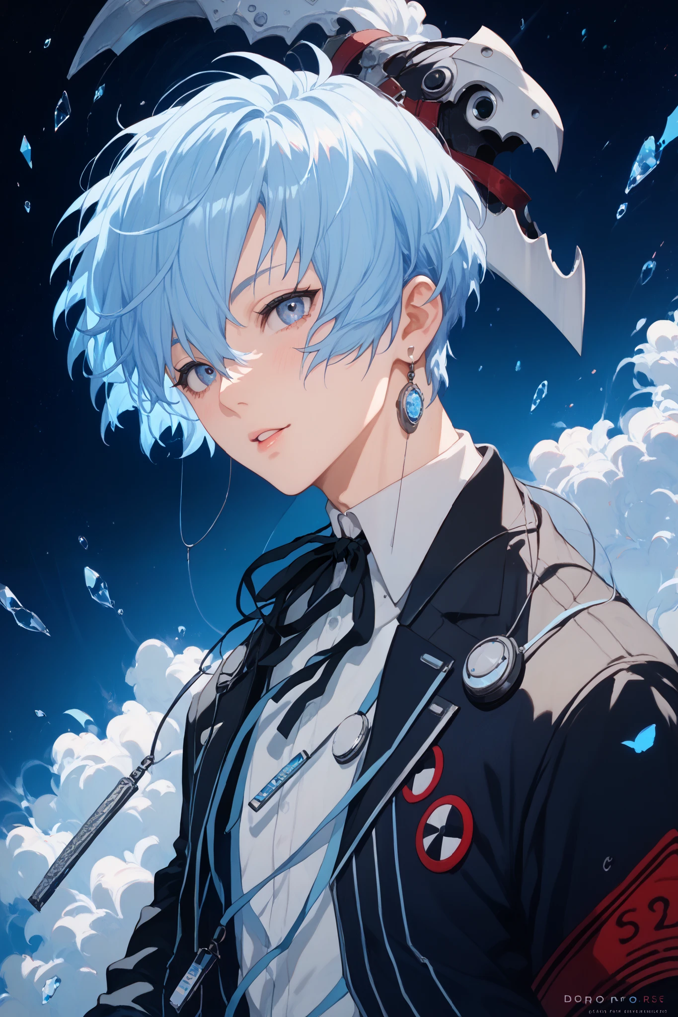 solo, male, masterpiece, High Resolution , anatomically correct, Blue Hair/ light blue hair with a slender body, character, derogatory gaze,