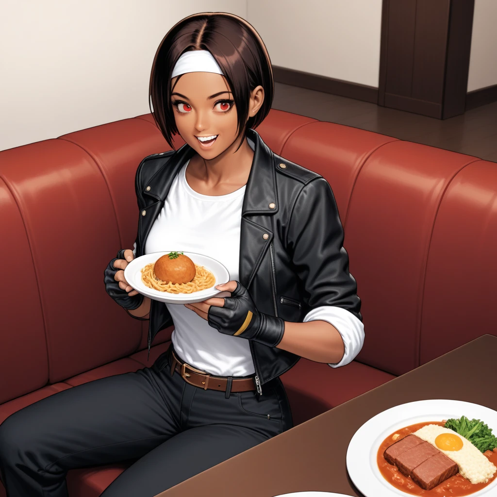 CARTOON_DC_leslie_ownwaifu, short black hair, bob cut,black eyes, black lipstick, makeup, round eyewear,black jacket, long sleeves, crop top, midriff, pants, cleavage, looking at viewer, serious, smiling
sitting behind a table, inside a restaurant, table, full of food, large pizza, romantic ambiance, extreme detail, masterpiece, <lora:CARTOON_DC_leslie_ownwaifu:.7>