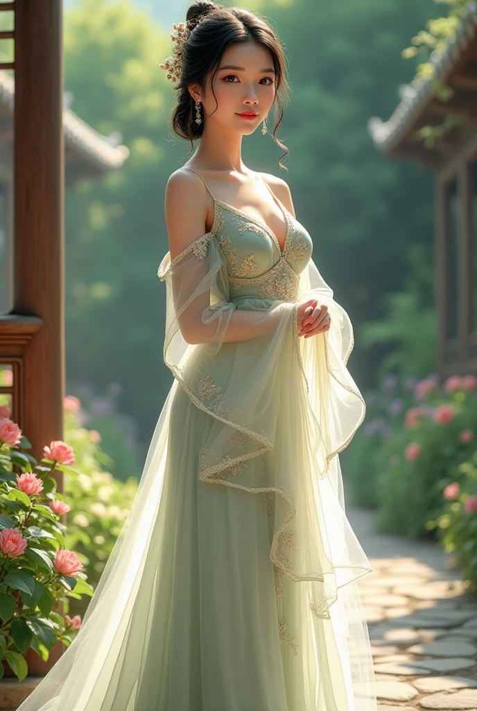 of the finest quality, masterpiece, Ultra High Resolution, (Photorealistic: 1.4), Unprocessed image, Raven hair, Lustrous complexion, 1 Nature Nymph, (incredibly lifelike features)), Full form, Natural Illumination, Contrast-rich, shadowy, Sunlight Rendering, 8K, razor-sharp, Revealed cleavage, Unadorned skin, Stone, Detailed leafy embellishments, Nature-inspired details, intricately designed, Realistic sunlight, Trends in Natural Art, Facing the sun, Bioluminescent details, Organic limbs, Sap vessels connected to vines, Natural spine fused to the trunk, Organic neck attachment to the stem, Vines and roots intertwining at the crown, Firefly lights, Silver tendrils, Perfectly round seedlings, Towering petals, joyful smile, summer attire, maiden, dynamic, sexy pose, summer dress, small breasts, vibrant, in bed, upper body naked