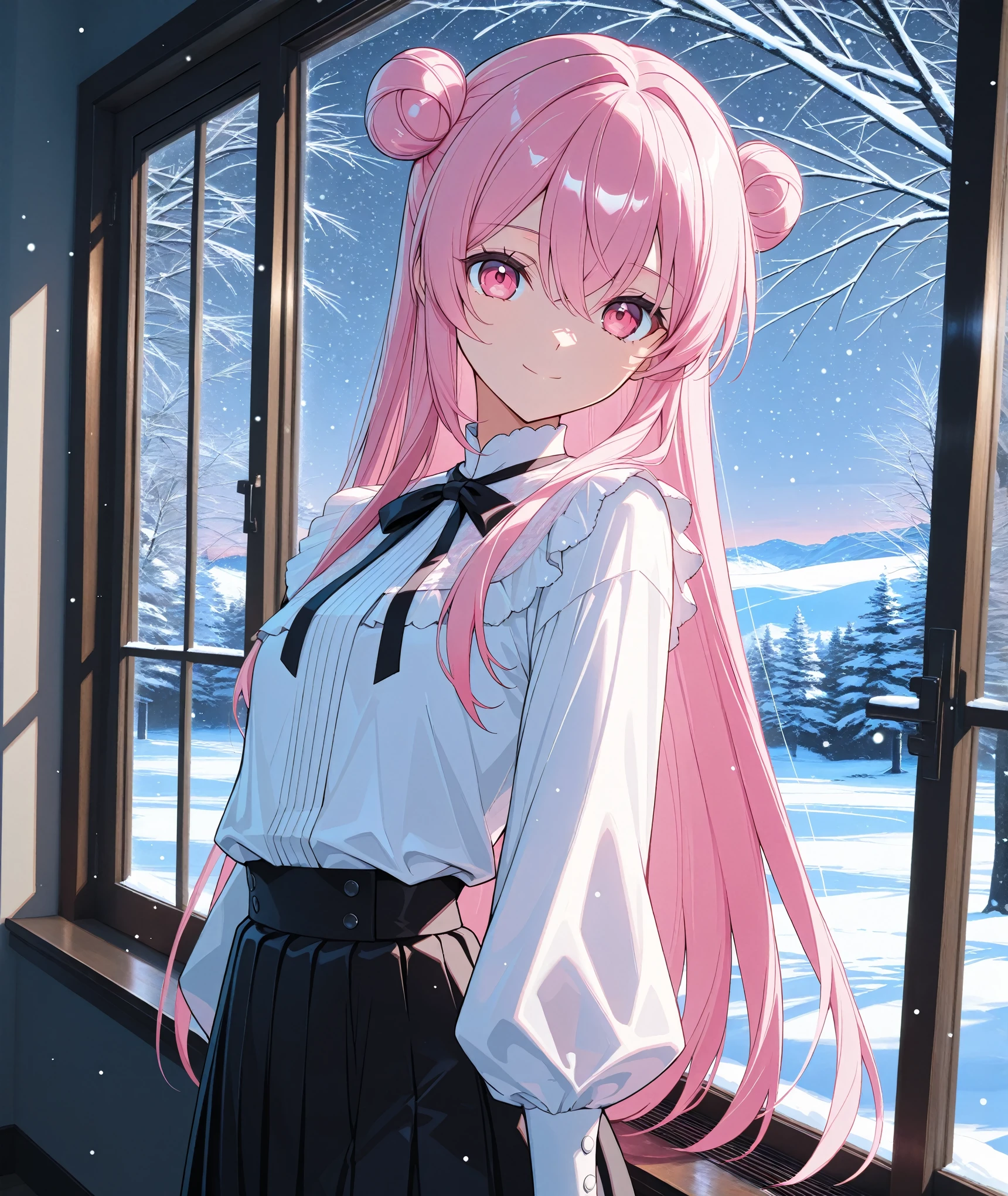 score_9, score_8_up, score_7_up, masterpiece, absurdres, source_anime,1girl, solo, adult, girl focus, adult, very detailed expressive eyes, aesthetic eyes, bright eyes, (bright pink eyes),  pink eyes, beautifully styled hair, very detailed hair, straight hair, bright pink hair, long hair, (two small hair buns), hair between eyes, (straight hair), styled hair,  little smile, looking at viewer, small breasts, shiny skin, healthy skin colour, BREAK
(white blouse, black skirt), indoors, standing near window, snowing outside, evening, half body, cowboy shot, BREAK
HDR, 8K, masterpiece, best quality, amazing quality, very aesthetic, high resolution, ultra-detailed, absurdres, newest, scenery, 
masterpiece, scenery, aesthetic detailed background, best quality, game cg aesthetics,
 beautiful detailed eyes, detailed skin, detailed hair, light particles,  photo background, depth of field, 
(masterpiece), best quality, ultra-detailed, 1024k UHD wallpaper, ultra-high resolution, depth of field, HDR, Ray tracing, RTX, high saturation, photon mapping, best texture quality, best compotitions, (extremely detailed CG 1024k wallpaper), High Details, Detailed face, Detailed Clothes, Ultra HD Photo, Perfect Face, expressive eyes, bright colours