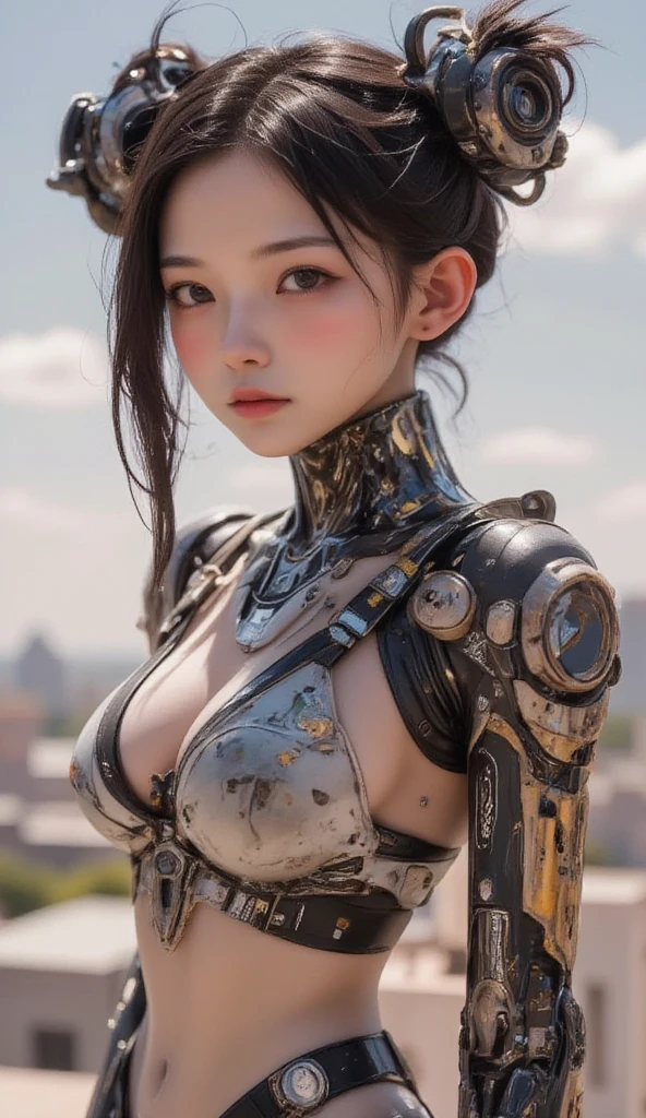 Top Quality, Masterpiece, Ultra High Resolution, (Photorealistic: 1.4), Raw Photo, 1 Girl, Black Hair, Glossy Skin, 1 Mechanical Girl, (Ultra Realistic Detail)), Portrait, Global Illumination, Shadows, Octane Rendering, 8K, Ultra Sharp, Big, Cleavage Exposed Raw Skin, Metal, Intricate Ornament Details, Japan Details, Very intricate details, realistic light, CGSoation trend, purple eyes, glowing eyes, facing the camera, neon details, mechanical limbs, blood vessels connected to the tube, mechanical vertebrae attached to the back, mechanical cervical attachment to the neck, sitting, wires and cables connecting to the head, gundam, small LED lamps,