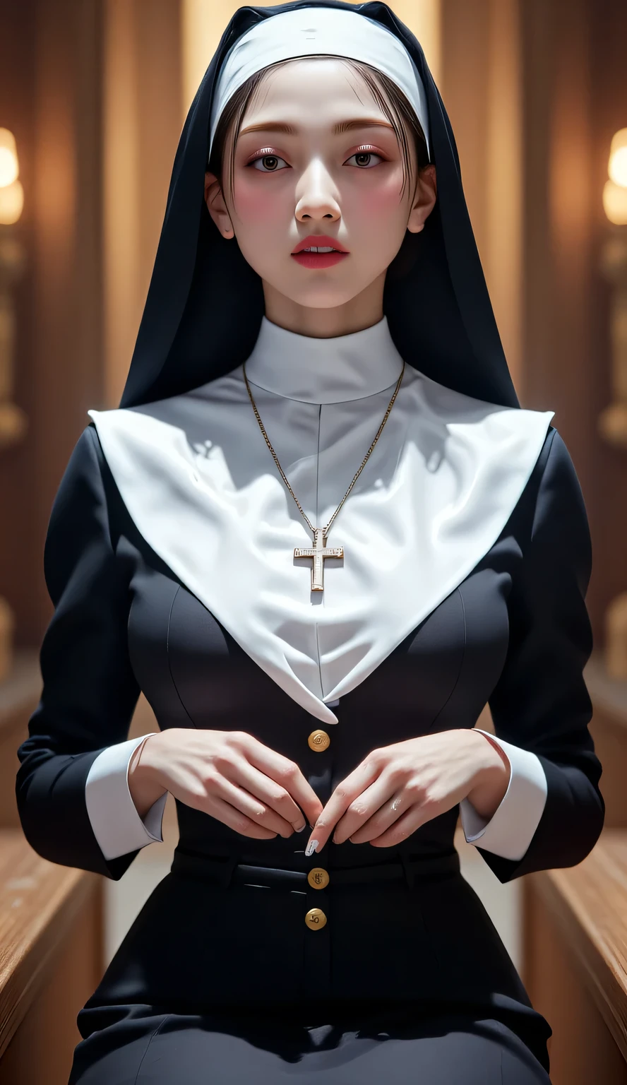  a 25 year old woman ,  sits front facing, In church , using a nun's uniform,  both hands squeezing both breasts ,  thick dark red lips , very detailed image quality ,  using a cross necklace ,  black hair