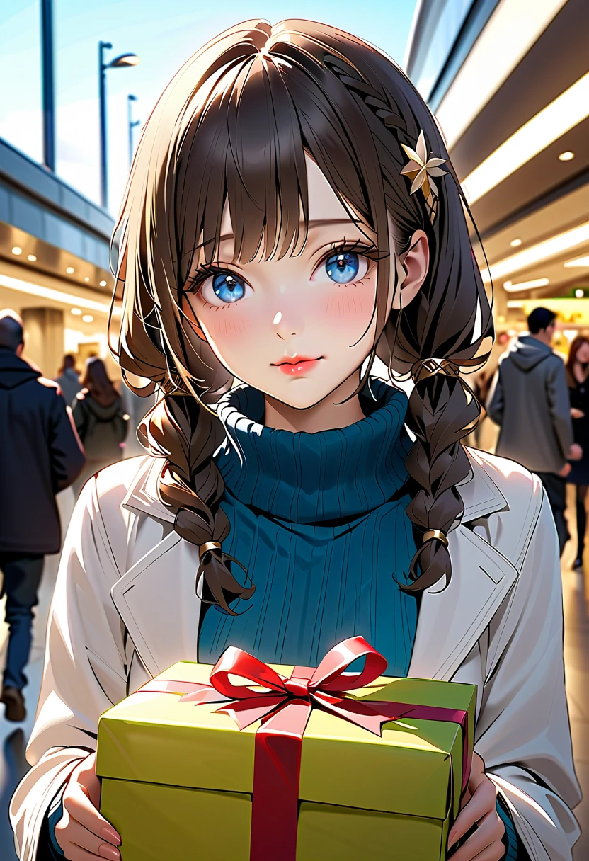 両手に持ちきれないほどの get lots of gifts :1.5、(( one girl:1.5)、((Girl:1.5、university student)))、(( best quality 、 High Resolution 、 detailed background、 beautiful face down to the smallest detail、 anatomically correct、 detailed expressions 、fine grain、((whole body, from below:1.5, front view)),　 dark brown hair color 、Ultra-detailed eyes、 big, beautiful blue eyes 、 long eyelashes 、Full lips、 pink lips、 braided twin tails :1.5、break　whole body、((stupid hair:1.5))、(Elegant and chic winter clothes :1.5、Elegant hair ornament 、Elegant muffler )、((Quiet Smile:1.2、 happy expression、 close your mouth:1.5))、( background shopping mall 、 clear blue sky 、 Weak winter sun )、break　 get lots of gifts :1.5、 motion blur,  cinematic lighting,  blurry background , Lines of movement,  high detail  , 16k,  High Resolution ,  Textured Skin,  more details