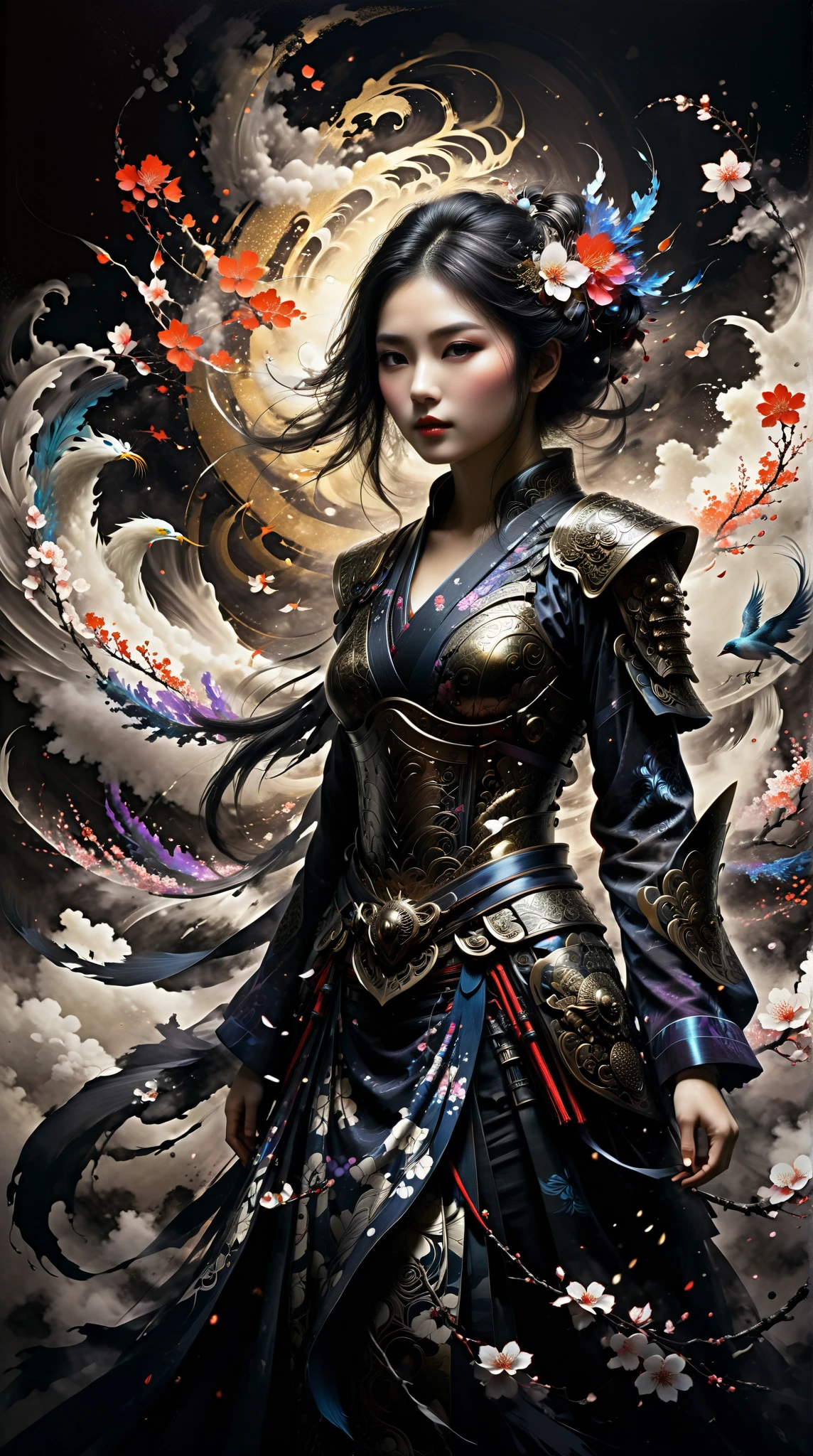  Elegant Warrior Essence ，Bright Face ， Beautiful Armor ， Mysterious Breath ， Wearing Scattered Sexuality With an open feeling 。 This work is painted in Japanese ink ， emits a breathtakingly beautiful and detailed work of extreme precision...  with vivid strokes and monochromatic tones 。  A Masterpiece of Skill and Strength ， Perfectly Captures Every Detail ， Featuring Ultra-High Resolution 。  and is finely rendered in detail 。  With Exquisite Design ， Elegant Journey ， Enhances Dramatic ， of deep shadows and subtle light 。 Generally speaking， This work of art exudes elegance and power ， combines traditional Japanese aesthetics and modern style 。