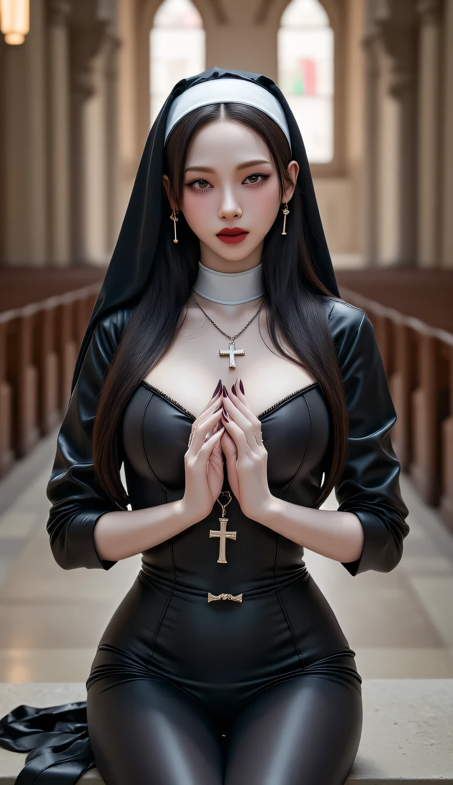  a 25 year old woman ,  sits front facing, In church ,  using sexy nun uniform,  both hands squeezing both breasts ,  thick dark red lips , very detailed image quality ,  using a cross necklace 