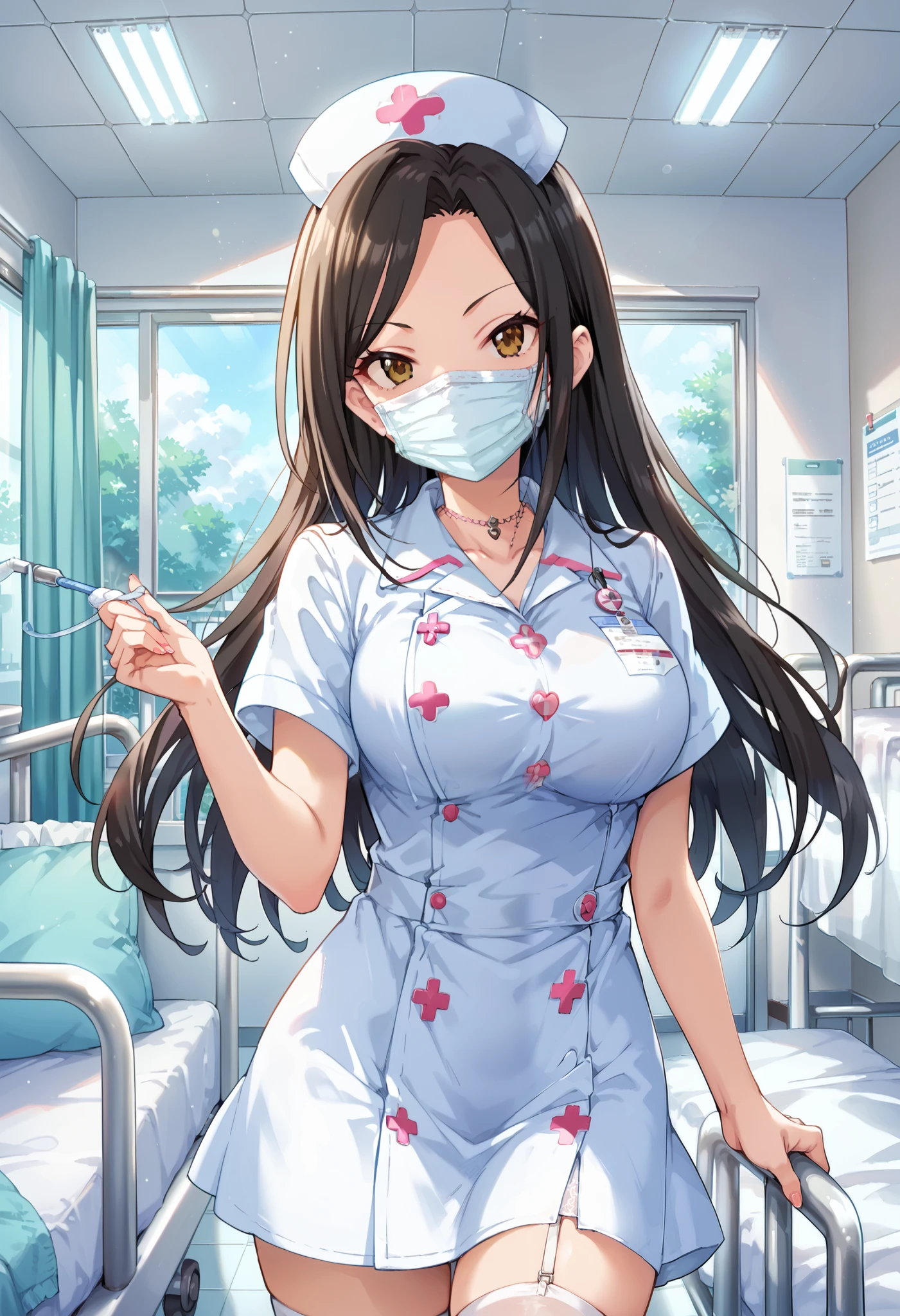 score_9, score_8_up, score_7_up, source_anime, mukai takumi, long hair, black hair, brown eyes, large breasts, masterpiece best quality, (best quality), (high quality), {masterpiece}, extremely delicate and beautiful, ultra-detailed, beautiful detailed eyes, nurse, nurse hat, ((white nurse's outfit)), white legwear, zettai ryouiki, hospital room, ((white surgical mask, covered nose)), standing