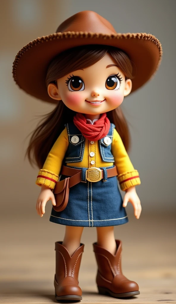 16 year old rocker with yellow cowboy hat wrapped with a blue ribbon with glitter and a blue jacket, White shirt, blue denim pants and white boots 