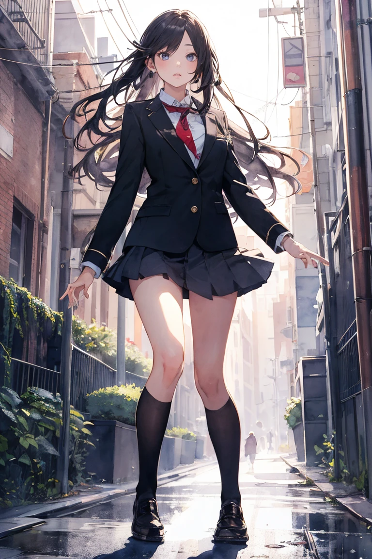 A beautiful girl with pale blue eyes and long, black hair blown by the wind and a short skirt. On the street. a few trees. a car