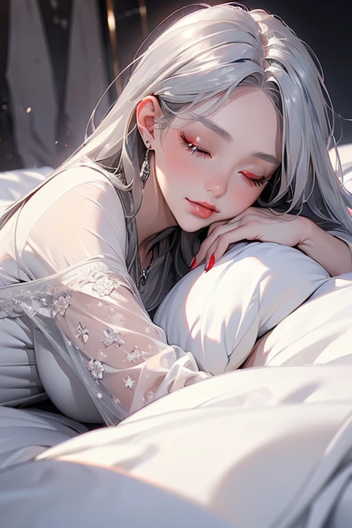 1girl, ponytail white hair, red eyes, beautiful detailed eyes, beautiful detailed lips, extremely detailed face, long eyelashes,pajama, bed, landscape, (best quality,4k,8k,highres,masterpiece:1.2),ultra-detailed,(realistic,photorealistic,photo-realistic:1.37),HDR,UHD,studio lighting,ultra-fine painting,sharp focus,physically-based rendering,extreme detail description,professional,vivid colors,bokeh,photographic