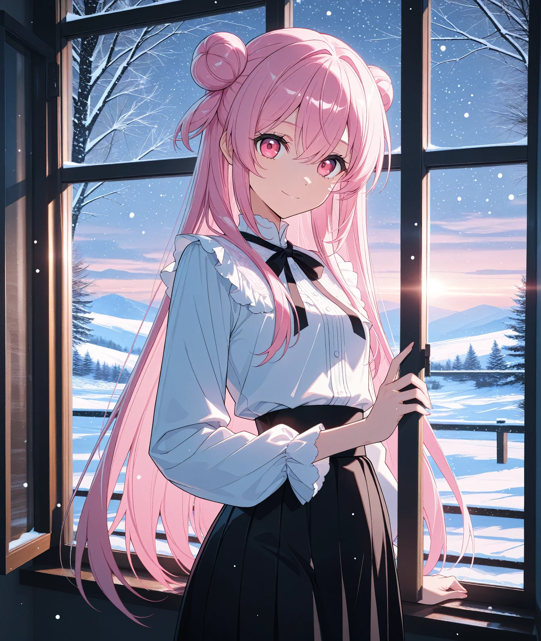 score_9, score_8_up, score_7_up, masterpiece, absurdres, source_anime,1girl, solo, adult, girl focus, adult, very detailed expressive eyes, aesthetic eyes, bright eyes, (bright pink eyes),  pink eyes, beautifully styled hair, very detailed hair, straight hair, bright pink hair, long hair, (two small hair buns), hair between eyes, (straight hair), styled hair,  little smile, looking at viewer, small breasts, shiny skin, healthy skin colour, BREAK
(white blouse, black skirt), indoors, standing near window, snowing outside, evening, half body, cowboy shot, BREAK
HDR, 8K, masterpiece, best quality, amazing quality, very aesthetic, high resolution, ultra-detailed, absurdres, newest, scenery, 
masterpiece, scenery, aesthetic detailed background, best quality, game cg aesthetics,
 beautiful detailed eyes, detailed skin, detailed hair, light particles,  photo background, depth of field, 
(masterpiece), best quality, ultra-detailed, 1024k UHD wallpaper, ultra-high resolution, depth of field, HDR, Ray tracing, RTX, high saturation, photon mapping, best texture quality, best compotitions, (extremely detailed CG 1024k wallpaper), High Details, Detailed face, Detailed Clothes, Ultra HD Photo, Perfect Face, expressive eyes, bright colours