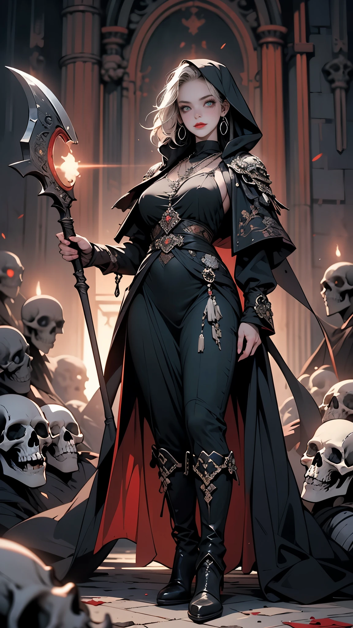 Alone, Sexy Woman, (grim Reaper), (shining big scythe, sharp scythe with blood , ((standing and beckoning)), skeleton in one hand), front view, from below, horror style, white hair, perfect fair skin, faint smile , perfect sexy face, beautiful green glowing eyes, sharp nose, beautiful red lips, seductive body, tall, 8heads, (perfect correct rendering, perfect fingers, perfect limbs), intricate designed black hooded robe, black tight boots horror,shouldering a big scythe, I can see a ghost behind her, aura, silver necklace, earrings, (perfect description in background, black, nightmare, midnight, Graveyard, Gate of Hell), best quality, incredibly absurdres, realistic , ultra beautiful resolution, extremely detailed painting, uncompromising, anatomically correct, masterpiece, perfect, intricate accurate rendering, perfect lighting, optimized colors in the painting, Magnificent artwork, evil spirits