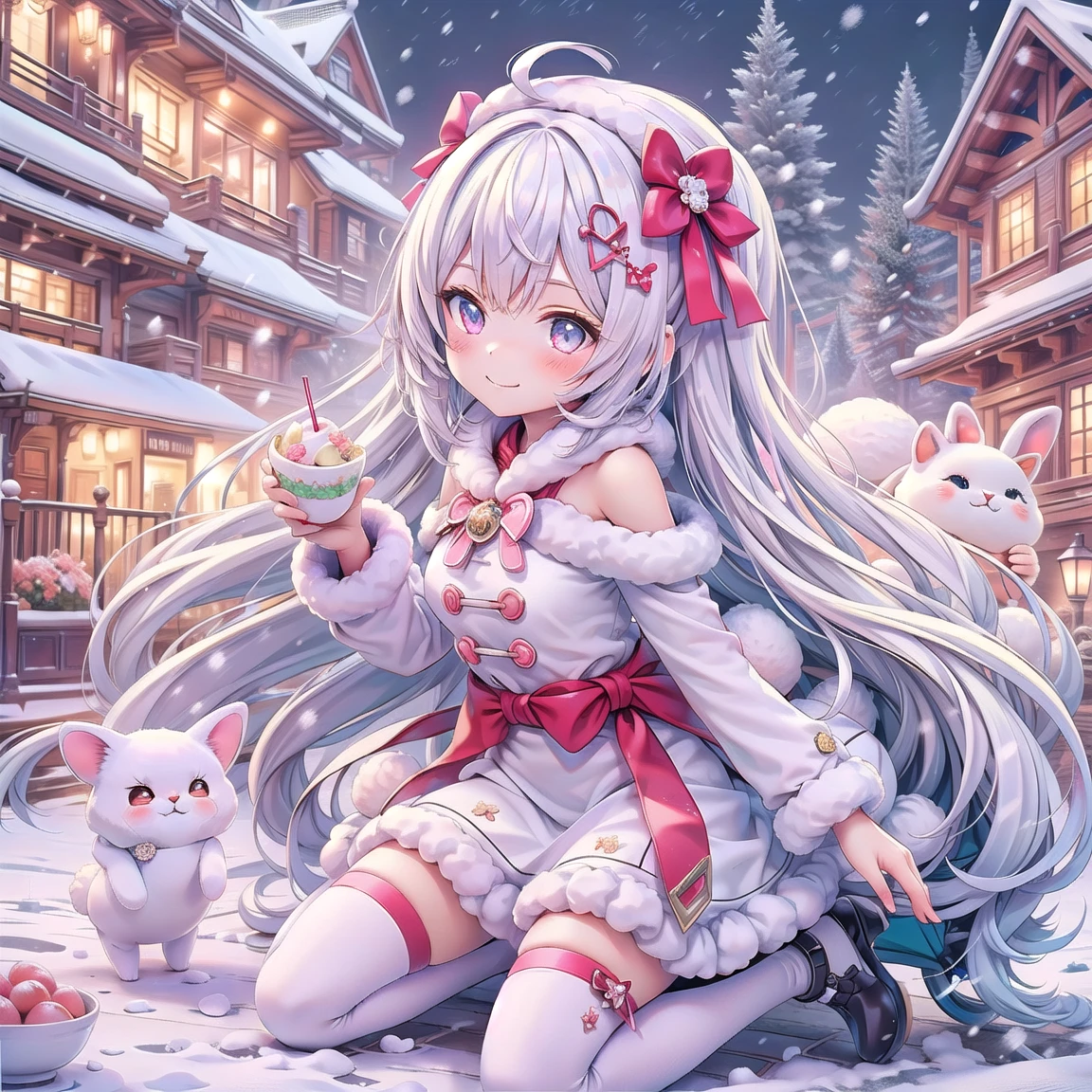 insanely detailed,fluffy silky cuticle,perfect shading,skin detailed,neumorphism,winter,sparkle snow,bloom light reflection textured,mittens,pitiful girl,twinkle,light smile,thigh high socks,fluffy boots,