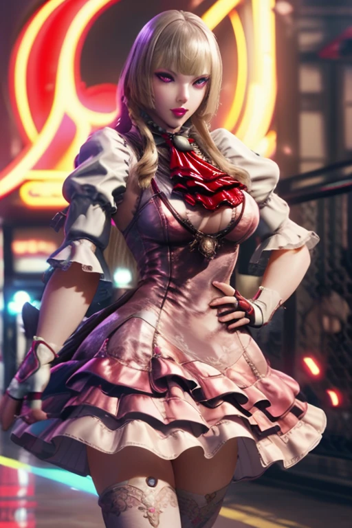 Beautiful Taylor Swift, Lili, tekken, waist, look at viewer, pink frilled dress, white frilled dress, red ascot, frilled ascot, fingerless gloves, breasts, BLUE eyes, makeup, pink lipstick, Long hair, blonde, MASTERPIECE, highres, realistic, detailed, beautiful, gloves 