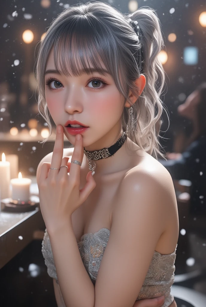  Clear Grey Hair  、 Background scattered with shining snow crystals、（open foot:1.4）.  Christmas party night view、（  hair upstyled ）.  Long Curl Side Ponytail Hair   、   Christmas、snow、   excited  、Koetsu、   big eyes、   dazzling light   、Big Breasts、    wet skin   、 foot、     from below     、（   bend your knees ,    behind your butt::1.2）、（ Silver Eyes :1.2）、    drool    、   Full Body    、（ very transparent and clear colored embroidered lingerie :2.1）、 1 female , (    Focus on Lower Body     ,  Picture of a gentle smile      :1),         Women with gentle expressions are beautifully drawn     、  （   Soft Natural Pastel Ash Hair Color    ）,      natural light creates soft shadows on the face     ,       Soft Short Wave Hair and Smooth Skin     ,    warm light shines in,      she says      ,        I have long eyelashes on my face  ,    soft lip line, Natural three-dimensional effect,      Friendly Smiles , ((  masterpiece  )), ((   top quality )), (     very detailed ), (     very detailed )), 4K, (8k),      very beautiful ,     Absurd,  sweat、 steam.   excited  、