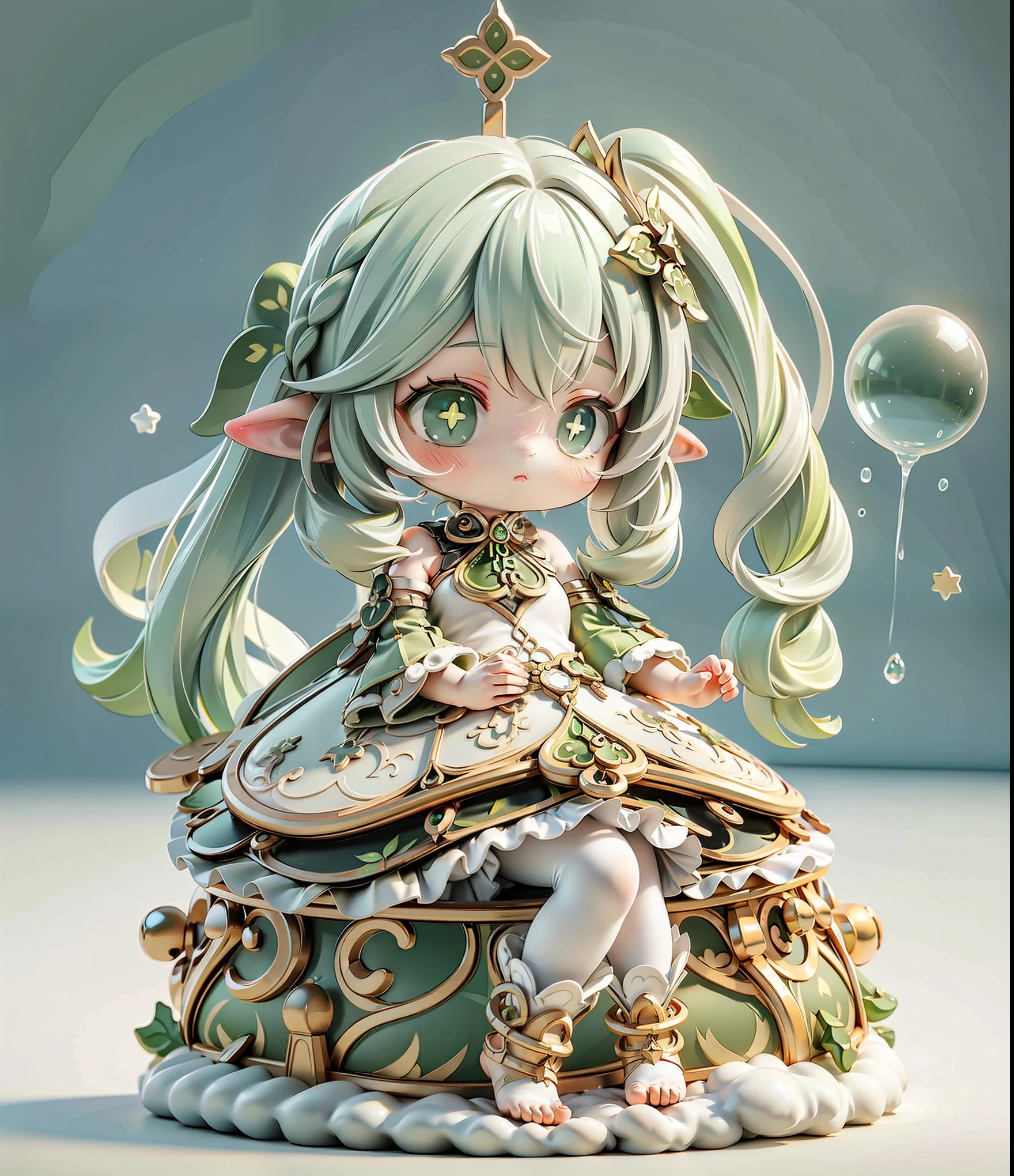 ( Girl Trapped in a Round Crystal Ball ),Alone, fantasy art style ,Gurwitz Style Artwork , round glass cover , very round crystal ball , There is a clevis, Latin Cross, green hair, long hair, Double Tail , Double Diamond , green eyes,Green Dress, frill skirt, split sleeves, Dress Cloth, white pantyhose , best quality ,Masterpiece, ultra high definition, (Masterpiece), best quality , 1 Big Breasts Girl 在水晶球里面, expressive eyes with rich clevis , perfect face, full body lesbian, sitting ,(Yuki, building, Christmas, Christmas tree), 1 Big Breasts Girl ,Genshin Impact, nahida, Grass God