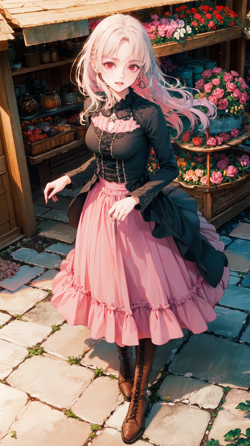 ( Masterpiece : 1.2), (    very detailed: 1.2), (    very detailed CG: 1.2), (    HD: 1.2), (最    HD), 8k,    animated illustration   , 、     Beautiful Girls、とても  cute天使、    pink gothic dress 、  cute、*********、smile、    Long Skirt、   Black Long Boots   、 grey pink pants  ，Turquoise Eye，  cute女性 *****，street，   Candy Store   ， sign，European Buildings，slate paved ，Rose flower，
