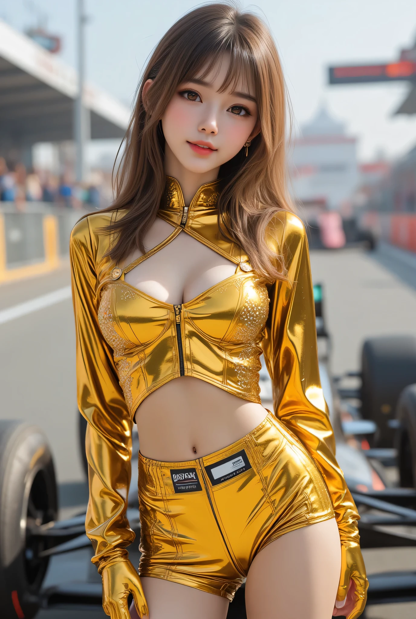 a close up of a woman in a shiny gold bodysuit, elegant gold body, wearing a shiny gold catsuit, gold body, gold suit, anime girl cosplay, wearing a tight suit, Atsuko Kudo wearing latex costume, tight clothing, golden full body armor, shiny golden bikini, Cute girl in a tank suit, body is golden armor, high quality costumes