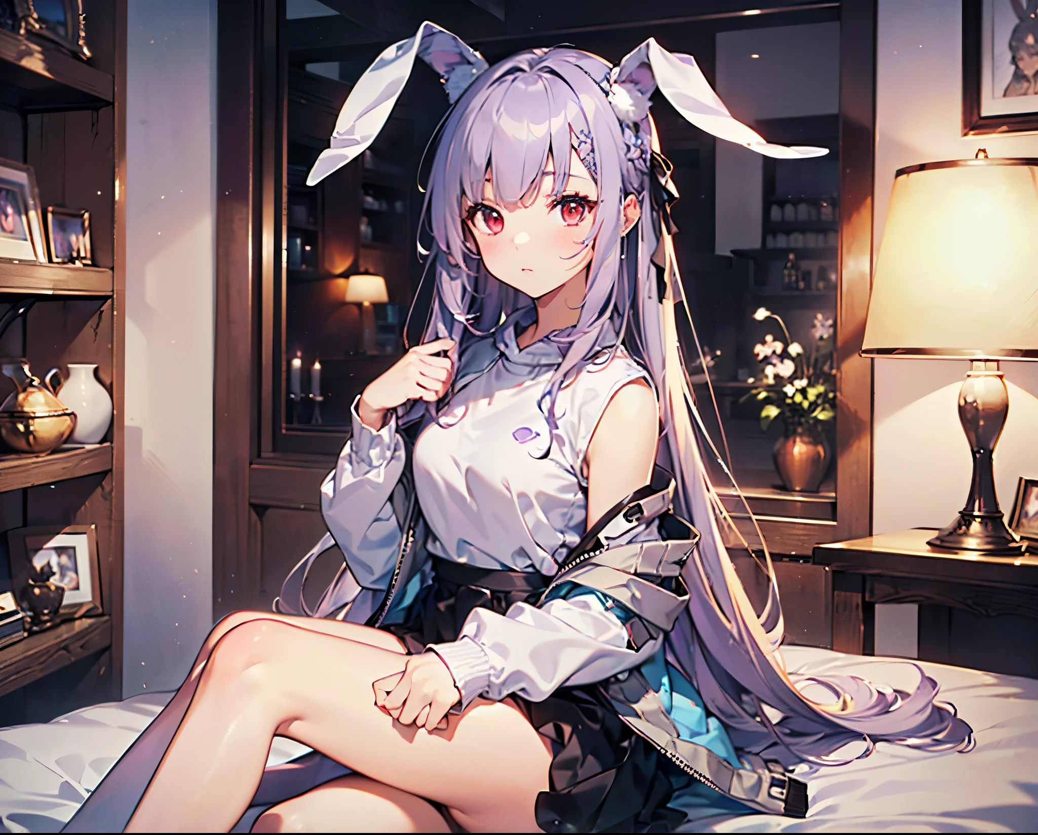 rosy lips,violet hair、Violet eye、 thin waist and big hips,, big smile, neck accessories, small V-shaped hip bones, firm butt, full body, Because I'm slender, Innocent and cute face, glowing skin, short skirt, Arm Accessories, Leg Accessories, (((spread your legs, sit with your knees bent))))