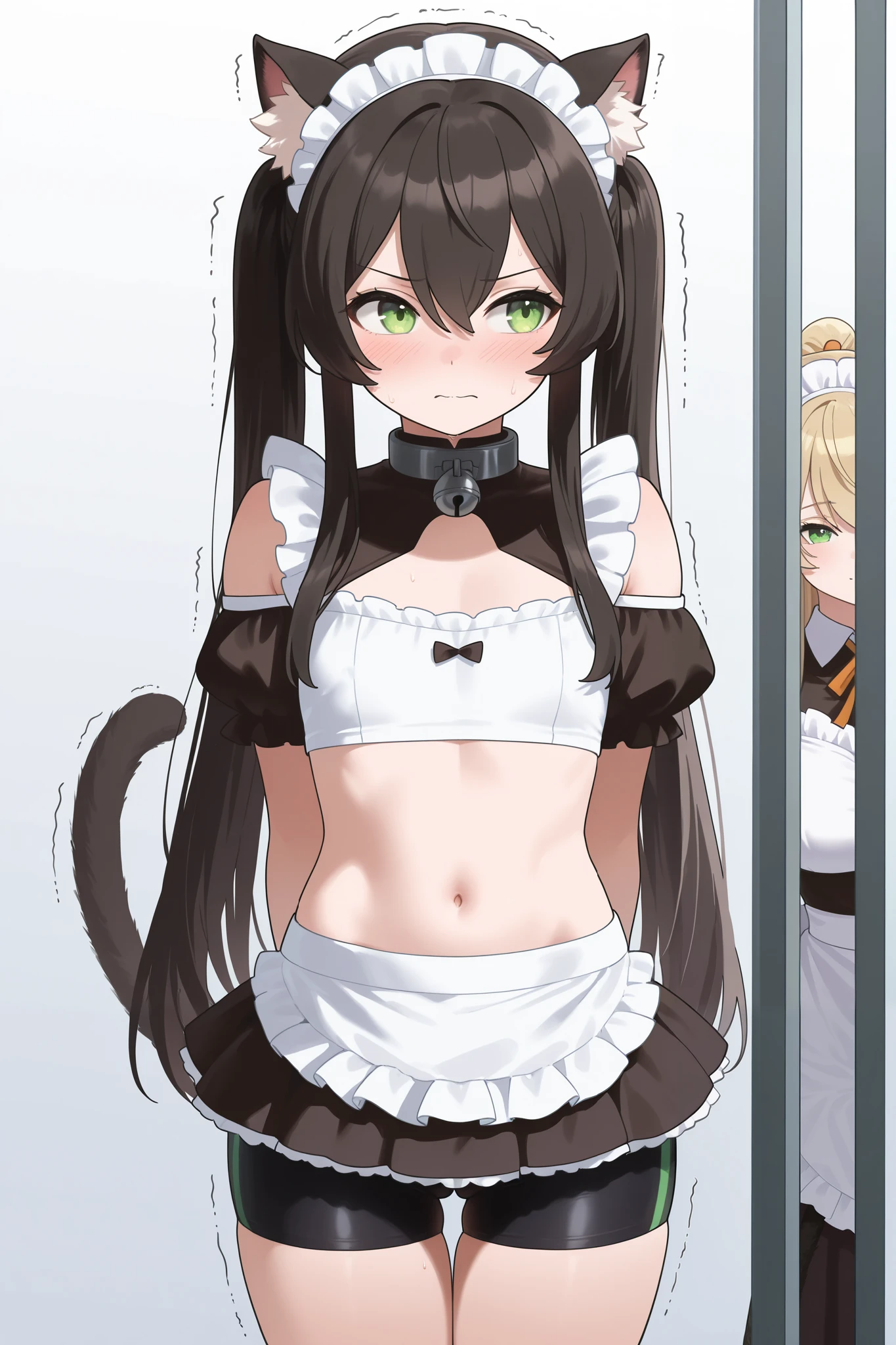NSFW,masterpiece, best quality , High Resolution , very detailed,Rem Gallew 、 long hair、bangs、 black hair、 animal ears 、 hair between your eyes、非常に long hair、 green eyes、tail、 side lock、Cat ears、 cat's tail、 animal ears の毛, little chest, maid clothes , off shoulder, Crop Top, micro mini skirt , bike shorts,Being fingered,Trembling,Estrus,Office