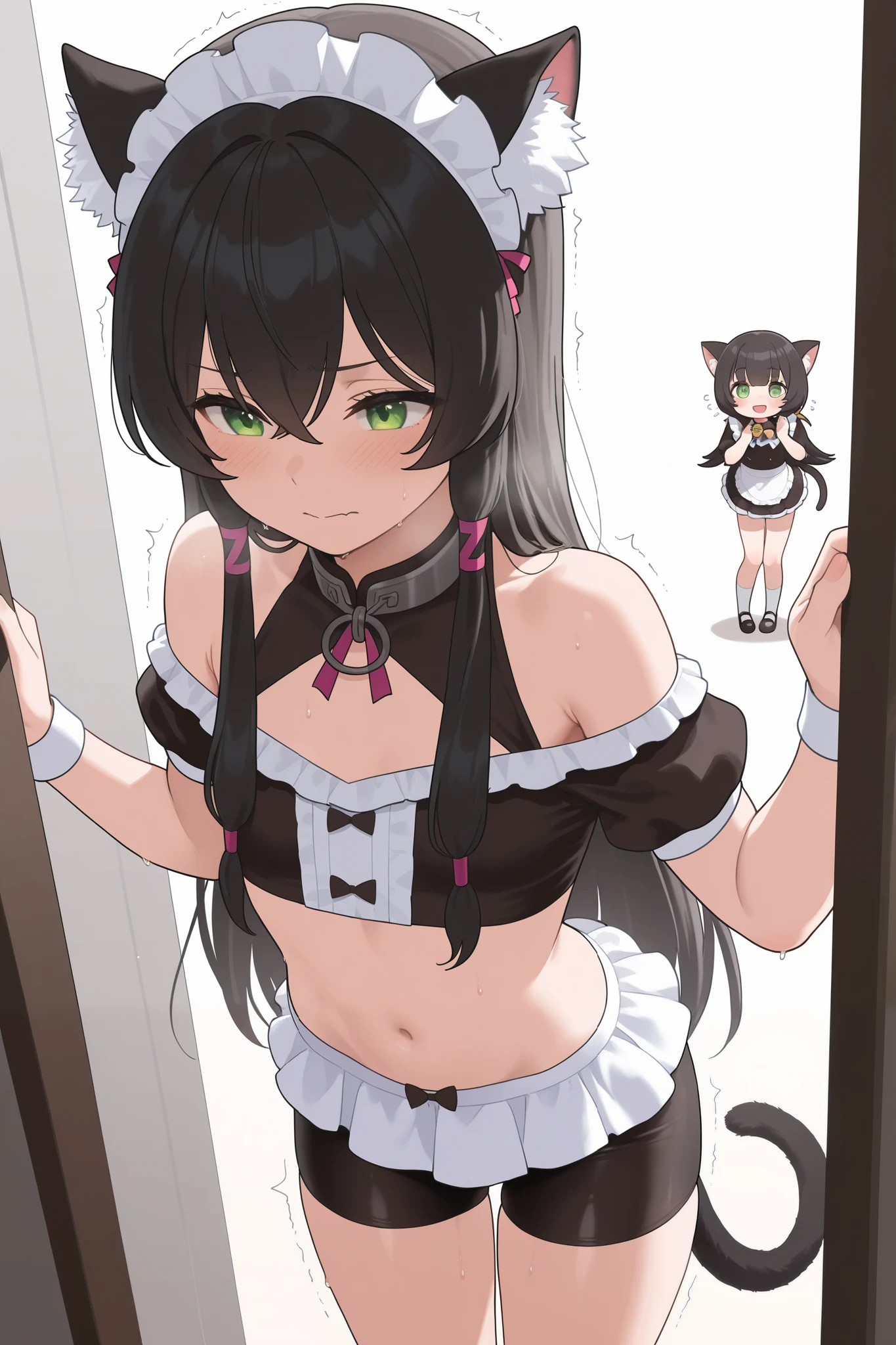 NSFW,masterpiece, best quality , High Resolution , very detailed,Rem Gallew 、 long hair、bangs、 black hair、 animal ears 、 hair between your eyes、非常に long hair、 green eyes、tail、 side lock、Cat ears、 cat's tail、 animal ears の毛, little chest, maid clothes , off shoulder, Crop Top, micro mini skirt , bike shorts,Being fingered,Trembling,Estrus,Office