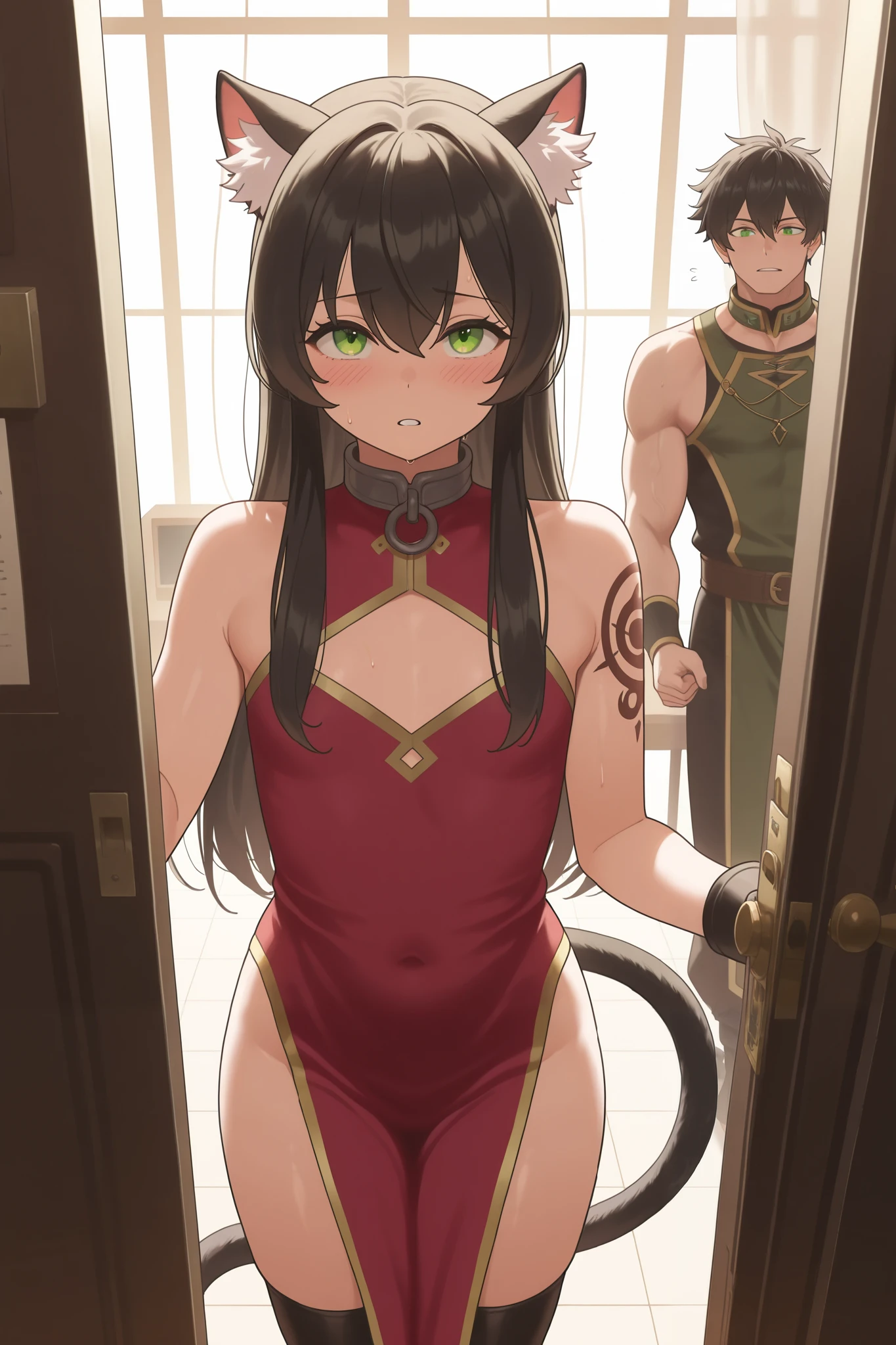 NSFW,masterpiece, best quality , High Resolution , very detailed,Rem Gallew 、 long hair、bangs、 black hair、 animal ears 、 hair between your eyes、非常に long hair、 green eyes、tail、 side lock、Cat ears、 cat's tail、 animal ears の毛, little chest,Fallen into evil, Pleasure Fall , cuckold, tattoo on lower abdomen , Adventurers Guild, reception counter