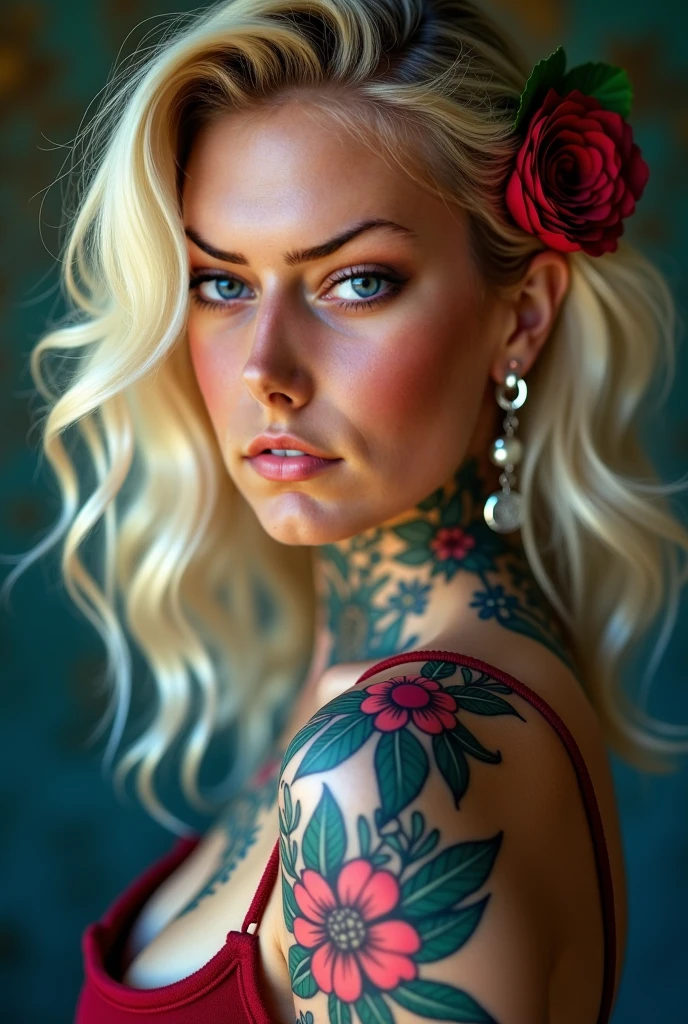 (full length portrait), full body portrait, wide angle, a woman in her late 30s, various poses with arms up or down, soft and rounded facial features, (low rooted breasts:1.4),(lower set breasts:1.4), (pale white skin), (snow-white skin:1.4), (whole body covered in colored skull and outer space themed tattoos), (bright, vibrant, multi-color tattoos:1.4),[flowers/plants], soaking wet red bodycon dress, (hard pert nipples visible under dress:1.4), honey blonde hair in a messy bun, 8k,masterpiece,ultra-detailed,realistic,photorealistic,vivid colors,studio lighting,extremely detailed tattoos,extremely detailed face and body, [black and grey tattoos]