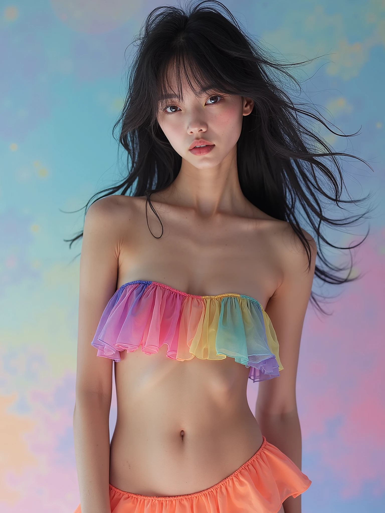 real photograph, (masterpiece), (highest quality), (Super detailed), (messy hair), (shape), (one japanese girl), (chiffon frill bikini), Are standing, Fashion Model, (simple orange mintgreen blue background), fine and beautiful eyes, pretty faced,  floating, (high color saturation),  focus on face, black bob cut hair, floating Hairs, (shining), best writing, best shadow,