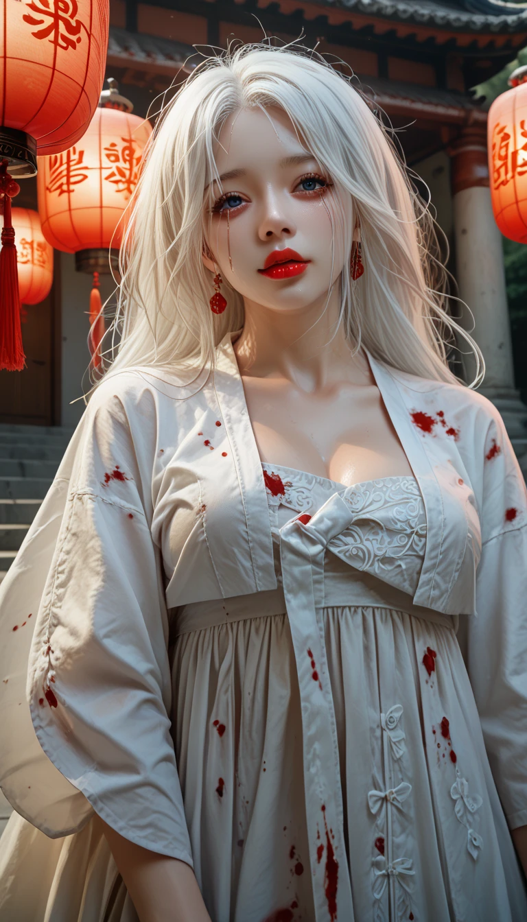 (masterpiece,   best quality  :1.2),  1 woman,   alone, Virgin Ghost,   Korean , Hanbok,  White Sobu , White hair, Temple, I, (  huge boobs   :1.4),, Lantern  ,   long, matted hair  ,  clear skin , Red lips, Shedding tears of blood,  cool atmosphere, pale blue skin, jade skin, Hidden Eyes