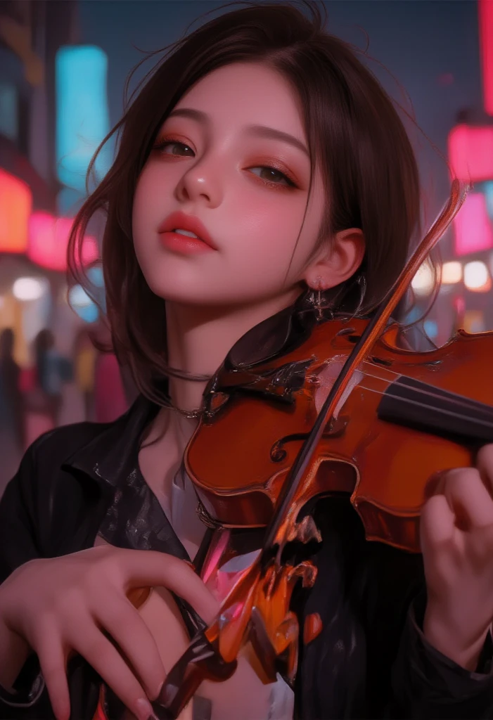 detailed hands
prompt:,
- description: "(masterpiece, 4K, 8k, high resolution, ultra-detailed:1.2),(realistic, photorealistic, photo-realistic:1.37),A young and cute woman playing the violin dynamically on an urban street at night,with vibrant neon lights in the background. She appears immersed in the music,fully enjoying it from her heart. Her eyes are gently closed,with a soft smile on her lips,as she lets herself flow with the music. Her hair moves naturally,with a soft glow,and her hands are positioned accurately,with fingers precisely placed on the strings and bow. The background shows a lively cityscape with neon lights,softly blurred to add depth and convey the urban atmosphere. Neon lights softly reflect off her skin and instrument,enhancing her serene smile and peaceful expression.",
- style: "Photorealistic,ultra-detailed,night scene",
- details:,
- "Full or upper body visible,taking a dynamic performance pose on an urban street at night",
- "Accurate details of hands and fingers",
- "Powerful posture,firmly holding the violin and moving the bow dynamically",
- "Gently closed eyes and a soft smile,fully immersed in the music",
- "Hair moving naturally with a soft shine",
- "High-resolution details capturing skin,hair,gently closed eyes,and soft smile",
- "Lively neon cityscape in the background,with a soft blur",
- attire: "Casual,stylish attire suitable for an urban night scene",
- facial_expression: "Enjoying the music wholeheartedly, eyes gently closed,with a soft smile on her lips",
- lighting: "Natural reflections from neon lights on her face,hair,and instrument",
- color_tone: "Vibrant neon tones with realistic balance",
- model_pose: "Dynamic,energetic pose as she holds the violin and performs with movement",