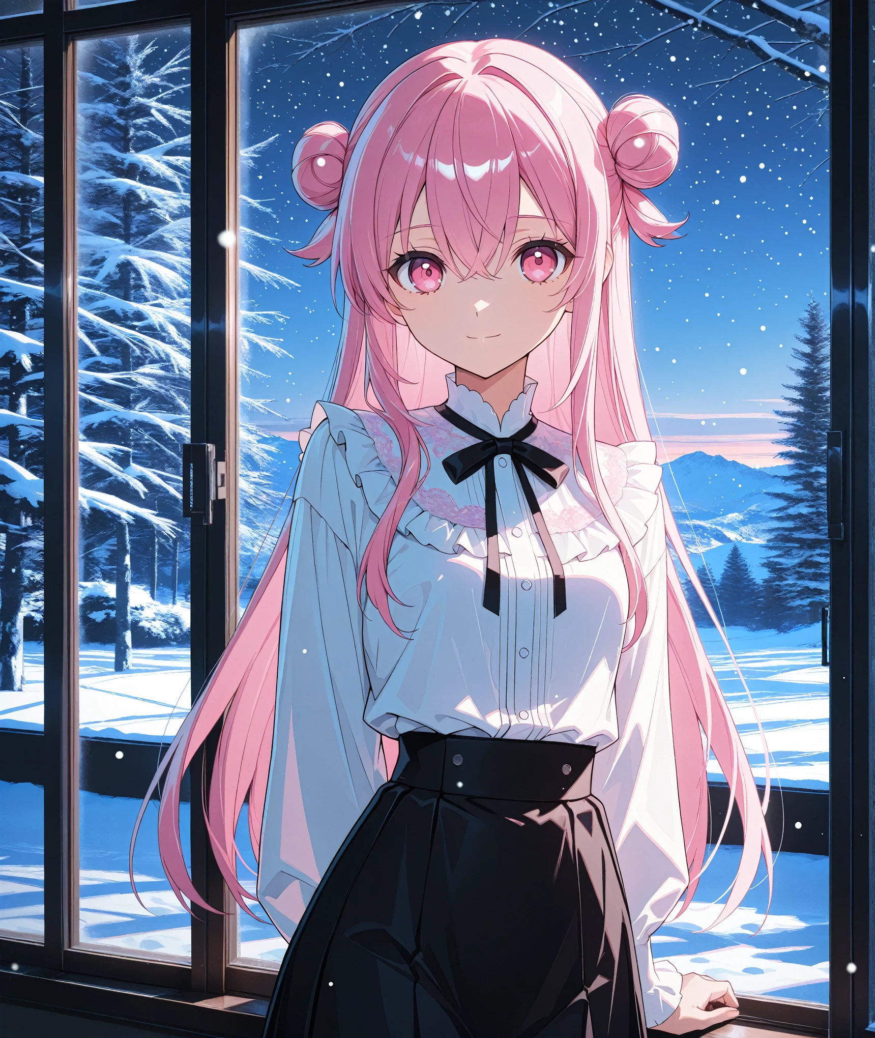 score_9, score_8_up, score_7_up, masterpiece, absurdres, source_anime,1girl, solo, adult, girl focus, adult, very detailed expressive eyes, aesthetic eyes, bright eyes, (bright pink eyes),  pink eyes, beautifully styled hair, very detailed hair, straight hair, bright pink hair, long hair, (two small hair buns), hair between eyes, (straight hair), styled hair,  little smile, looking at viewer, small breasts, shiny skin, healthy skin colour, BREAK
(white blouse, black skirt), indoors, standing near window, snowing outside, evening, half body, cowboy shot, BREAK
HDR, 8K, masterpiece, best quality, amazing quality, very aesthetic, high resolution, ultra-detailed, absurdres, newest, scenery, 
masterpiece, scenery, aesthetic detailed background, best quality, game cg aesthetics,
 beautiful detailed eyes, detailed skin, detailed hair, light particles,  photo background, depth of field, 
(masterpiece), best quality, ultra-detailed, 1024k UHD wallpaper, ultra-high resolution, depth of field, HDR, Ray tracing, RTX, high saturation, photon mapping, best texture quality, best compotitions, (extremely detailed CG 1024k wallpaper), High Details, Detailed face, Detailed Clothes, Ultra HD Photo, Perfect Face, expressive eyes, bright colours