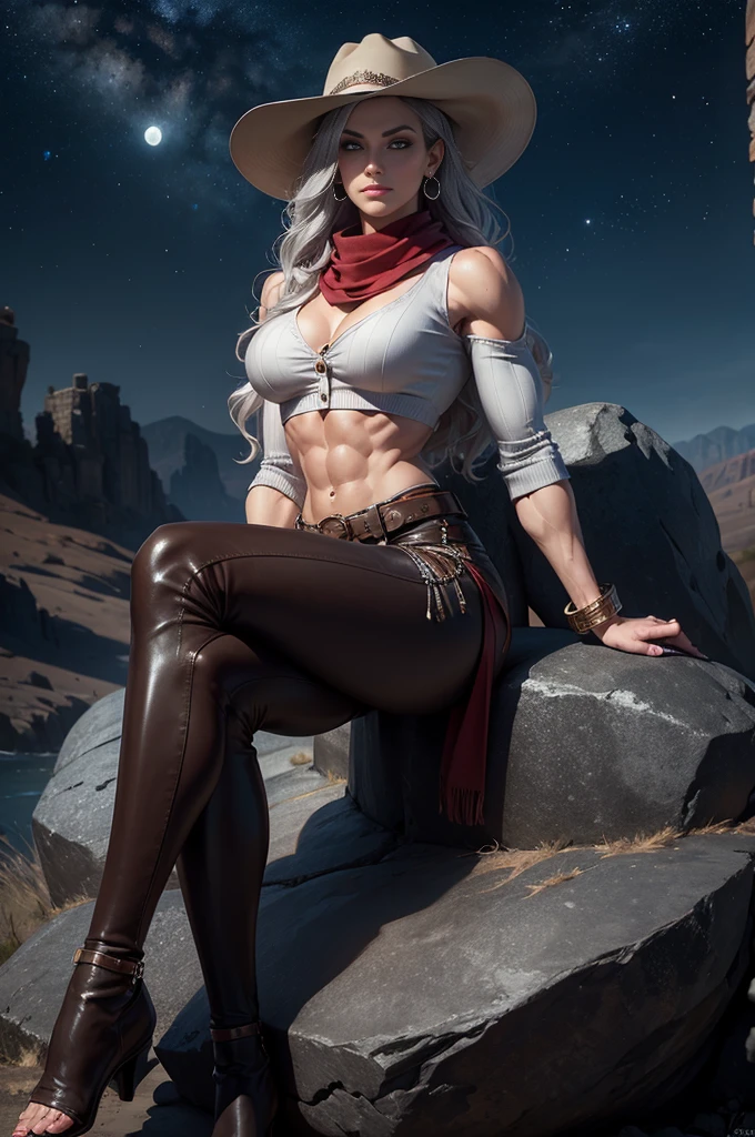 a gorgeous female warrior, mature, (small smirk, smirk), muscular, silver blonde hair, long hair, wavy hair, (biceps, triceps, six pack abs), (narrow waist, wide shoulders, narrow hips), slim, ((statuesque, towering, tall, imposing)), (defined muscles, strong muscles), off shoulder, (silver crop top, crop top, sleeves), huge breasts, earrings, jewelry, necklace, make up, long eyelashes, perfect eyes, perfect mouth, cowboy hat, perfect face, light grey eyes, piercing gaze, gorgeous eyes, belt, (defined quadriceps, sexy legs, strong legs, shapely legs), crop top, (red scarf), covered mouth, sheriff, leather pants, tattoo on shoulder, perfect fingers, long fingers, no extra digits, long nails, middle, rifle on the back, (desolate land in the background, outdoors, at night, rocky landscape, wind,), ((at night, bandits in the distance, fire, stars, moon, sitting on a rock, legs crossed,))