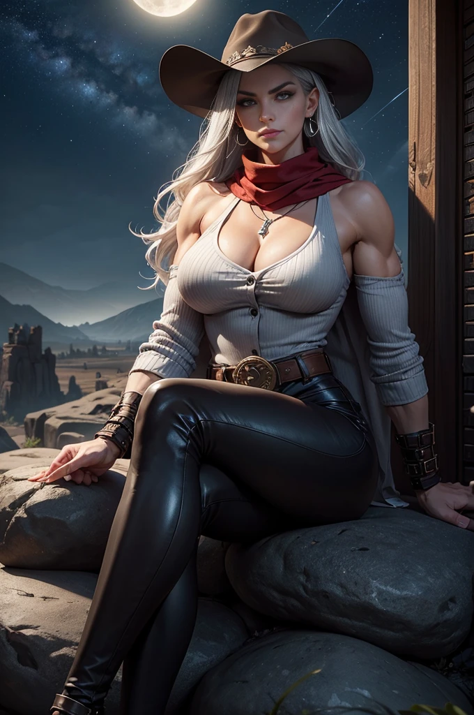 (((NSFW))), RAW, professional photograph, medium shot, photorealistic, hyper-realistic, ray tracing, super detail, UHD, 8k, female elf, paladin,  twenty years old, athletic body, flat chest, soft facial features, long hair, straight hair, white hair, red eyes, suspended in the middle of the night sky, holding a katana