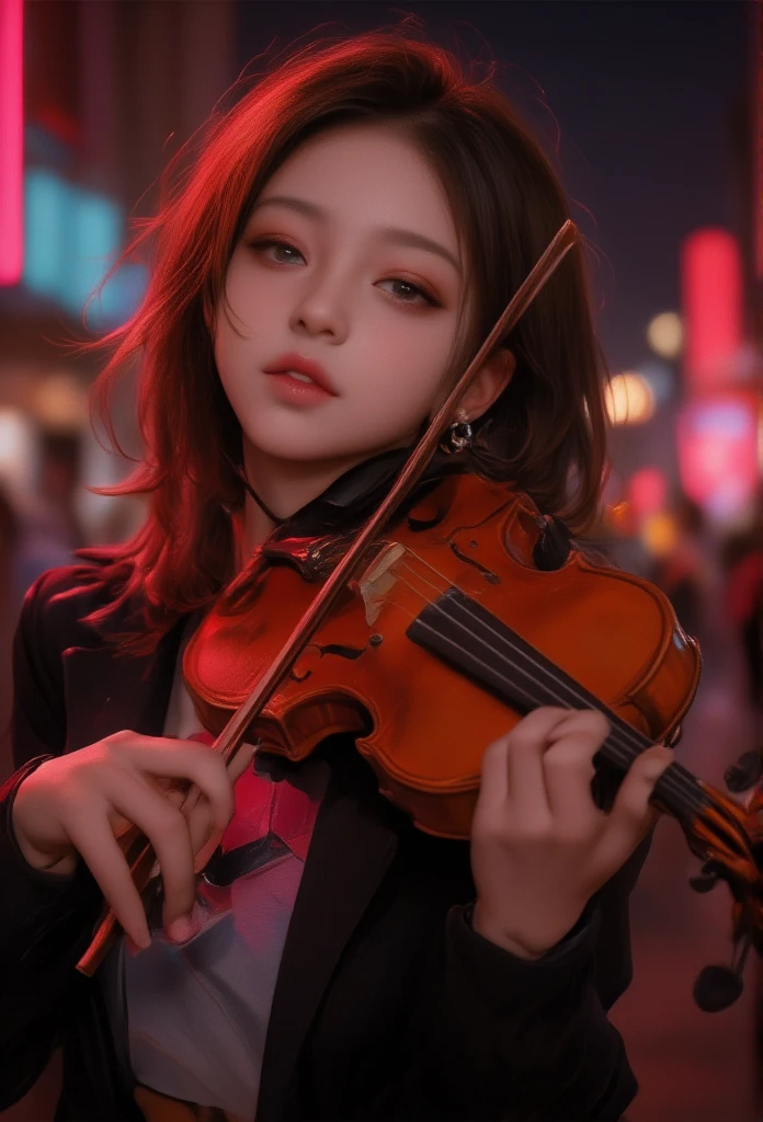 detailed hands
prompt:,
- description: "(masterpiece, 4K, 8k, high resolution, ultra-detailed:1.2),(realistic, photorealistic, photo-realistic:1.37),A young and cute woman playing the violin dynamically on an urban street at night,with vibrant neon lights in the background. She appears immersed in the music,fully enjoying it from her heart. Her eyes are gently closed,with a soft smile on her lips,as she lets herself flow with the music. Her hair moves naturally,with a soft glow,and her hands are positioned accurately,with fingers precisely placed on the strings and bow. The background shows a lively cityscape with neon lights,softly blurred to add depth and convey the urban atmosphere. Neon lights softly reflect off her skin and instrument,enhancing her serene smile and peaceful expression.",
- style: "Photorealistic,ultra-detailed,night scene",
- details:,
- "Full or upper body visible,taking a dynamic performance pose on an urban street at night",
- "Accurate details of hands and fingers",
- "Powerful posture,firmly holding the violin and moving the bow dynamically",
- "Gently closed eyes and a soft smile,fully immersed in the music",
- "Hair moving naturally with a soft shine",
- "High-resolution details capturing skin,hair,gently closed eyes,and soft smile",
- "Lively neon cityscape in the background,with a soft blur",
- attire: "Casual,stylish attire suitable for an urban night scene",
- facial_expression: "Enjoying the music wholeheartedly, eyes gently closed,with a soft smile on her lips",
- lighting: "Natural reflections from neon lights on her face,hair,and instrument",
- color_tone: "Vibrant neon tones with realistic balance",
- model_pose: "Dynamic,energetic pose as she holds the violin and performs with movement",