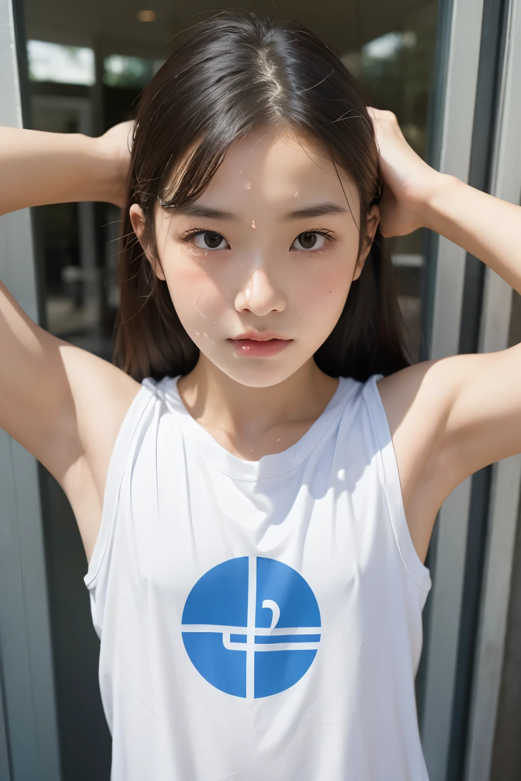 Super realistic high school, 12, beautiful, chine, wearing a sleeveless, white and transparent thin t-shirt of disappointment, very thin , raised both his hands to show his armpits