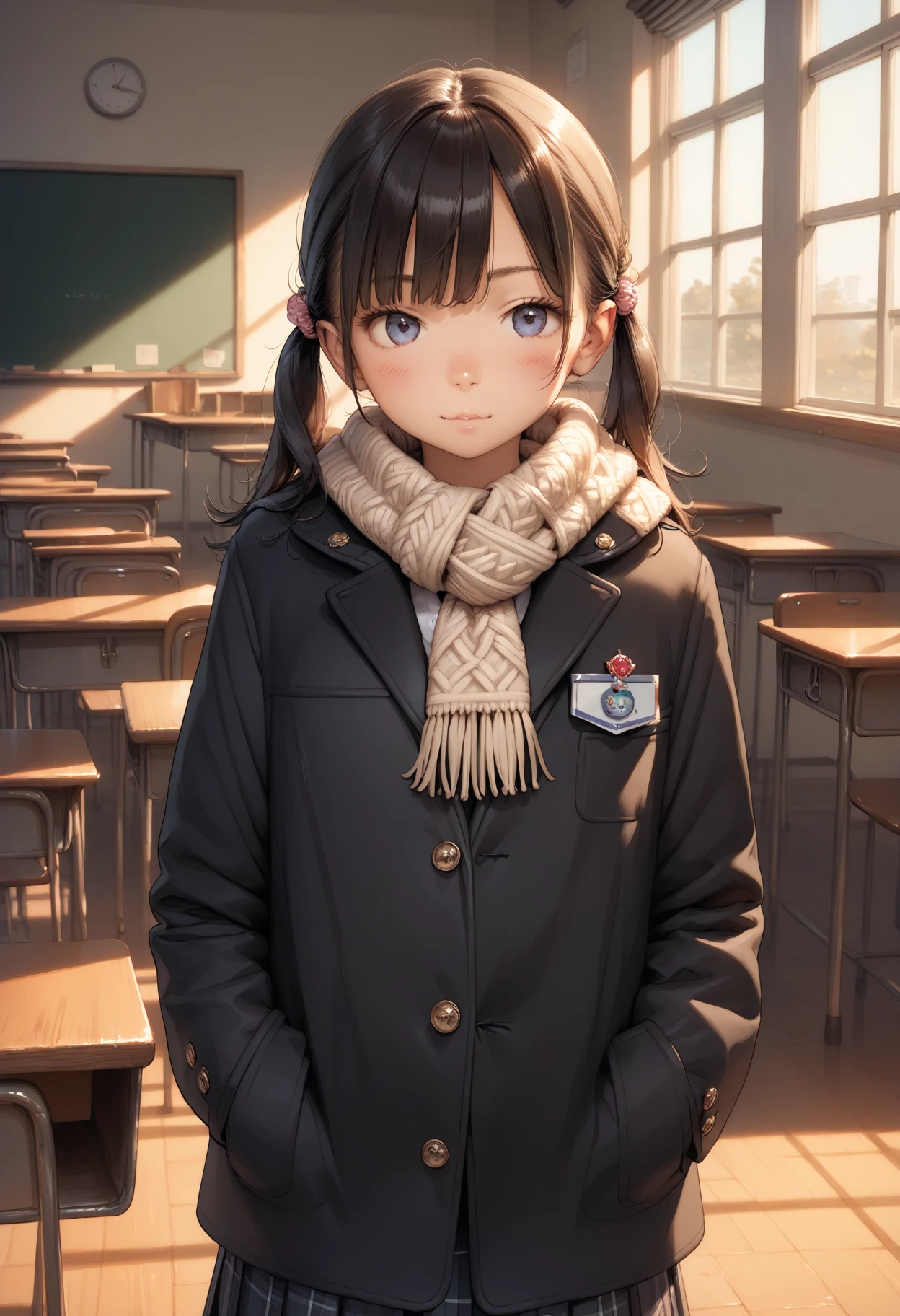 masterpiece, best quality , High Resolution ,Anatomical, detailed explanation ,8k,kawaii,winter,School,classroom,(( 1 )),Baby Face,Petite,flat body , school uniform,Woolen gloves,Woolen scarf, duffle coat,Heart-shaped box,