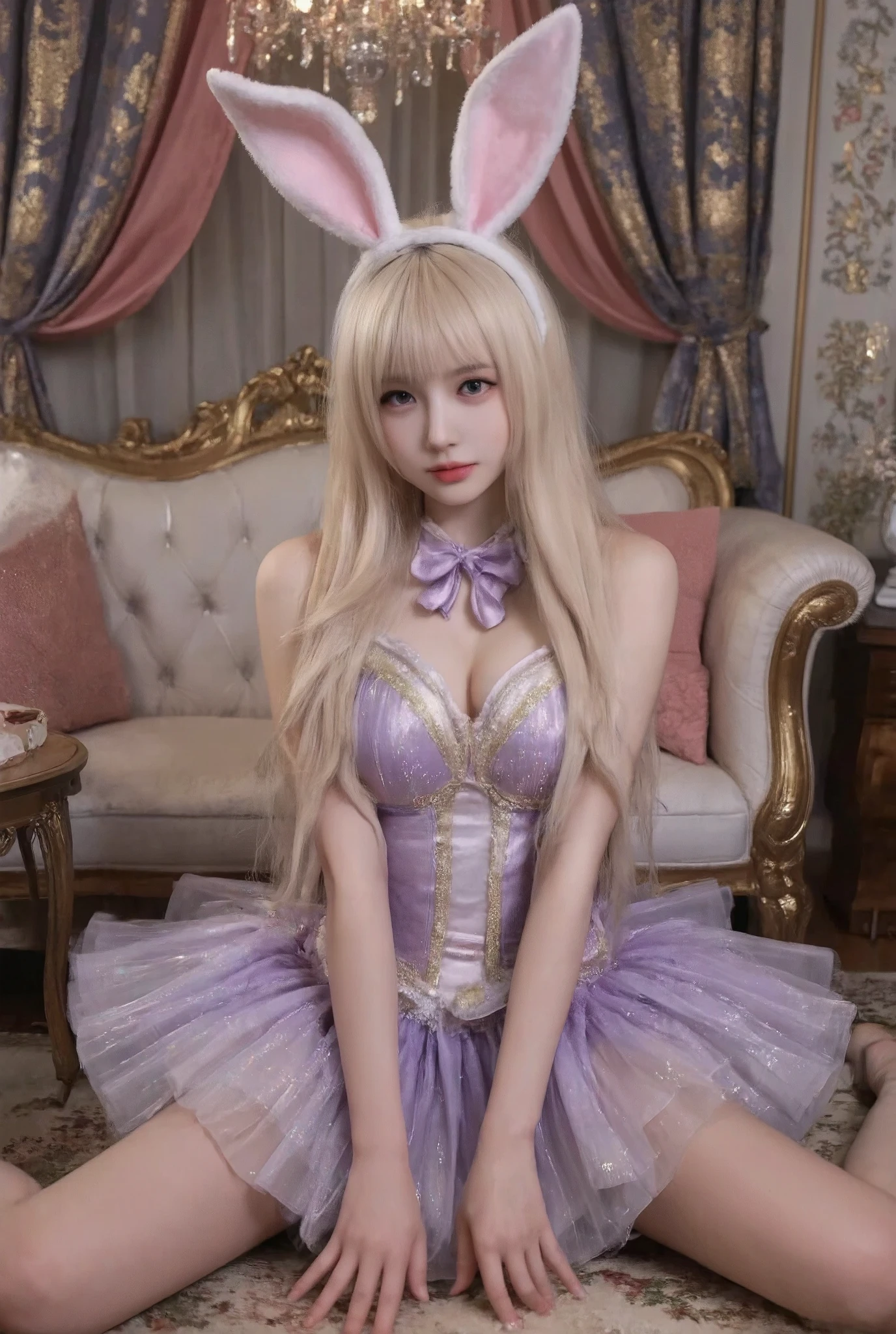 masterpiece, best quality, extremely detailed CG unity 8k wallpaper, (Upper Body head close-up shot of a beautiful ), , Elegant Long straight blonde hair, (Mckenna Grace), (flat chest,thighs), (Purple-red) golden (Glittering tutu,long Bunny Ear Headgear, , Bow-tie, No panties, genitals visible), (spread legs), (Blush), oil skin, (seductive smile), (Wonderland), pretty face, key art, award winning, intricate detail realism hdr, by (ruan jia and artgerm and range murata), Photorealism, Hyperrealism, ultra realistic, dramatic light, intense shadows, gorgeous view, depth of field
