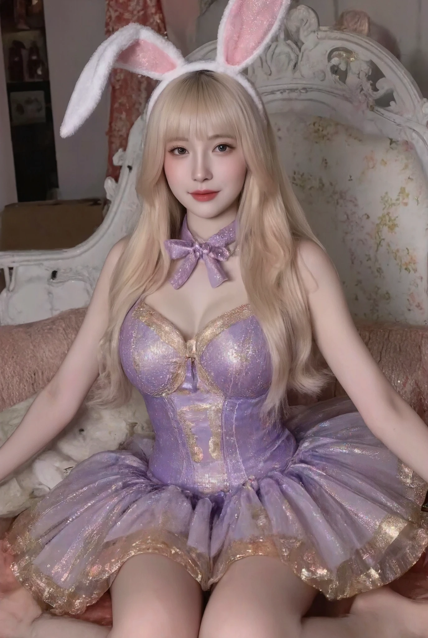 masterpiece, best quality, extremely detailed CG unity 8k wallpaper, (Upper Body head close-up shot of a beautiful ), , Elegant Long straight blonde hair, (Mckenna Grace), (flat chest,thighs), (Purple-red) golden (Glittering tutu,long Bunny Ear Headgear, , Bow-tie, No panties, genitals visible), (spread legs), (Blush), oil skin, (seductive smile), (Wonderland), pretty face, key art, award winning, intricate detail realism hdr, by (ruan jia and artgerm and range murata), Photorealism, Hyperrealism, ultra realistic, dramatic light, intense shadows, gorgeous view, depth of field
 
