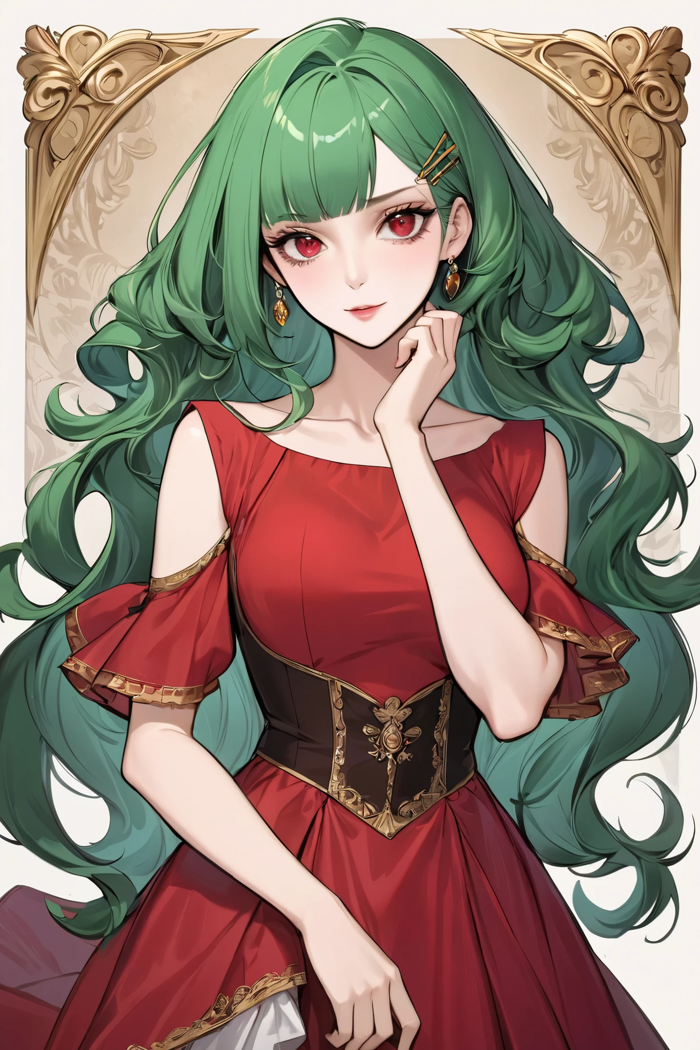 masterpiece, best quality, highres, absurdres, source_anime, colourful, woman, beautiful, refined, youthful, womanly, mature, Green long curl hair, green long hair, hairpins, long curl hair, smooth hair, clean hair, straight bangs, confident expression, sassy expression, ruby eyes, red eyes, sharp eyes, expressive eyes, pale skin, medium breasts, slim figure, petite figure, with red dress victorian lady, collarbone, gold lining, gold trimming, full body, sweet smiley