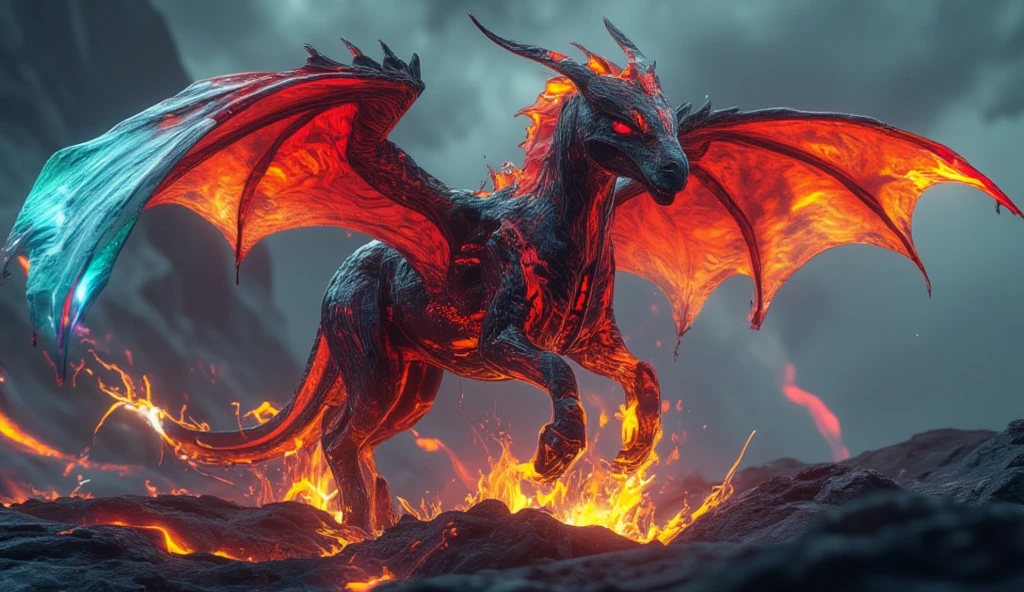 A cinematic shot of a terrifying hybrid centaur creature with a muscular, molten red-scaled humanoid upper body and a Tesla Model S Plaid lower body fused with reptilian legs and a spiked tail. Its head has sharp dragon horns, glowing eyes, and a mane of fiery green flames, with partially mechanical wings edged in razor-sharp carbon fiber buzzing with energy. The creature stands on jagged volcanic terrain, a hellish storm swirling under the moonlight behind it, holding a glowing sphere of molten energy in one clawed hand.