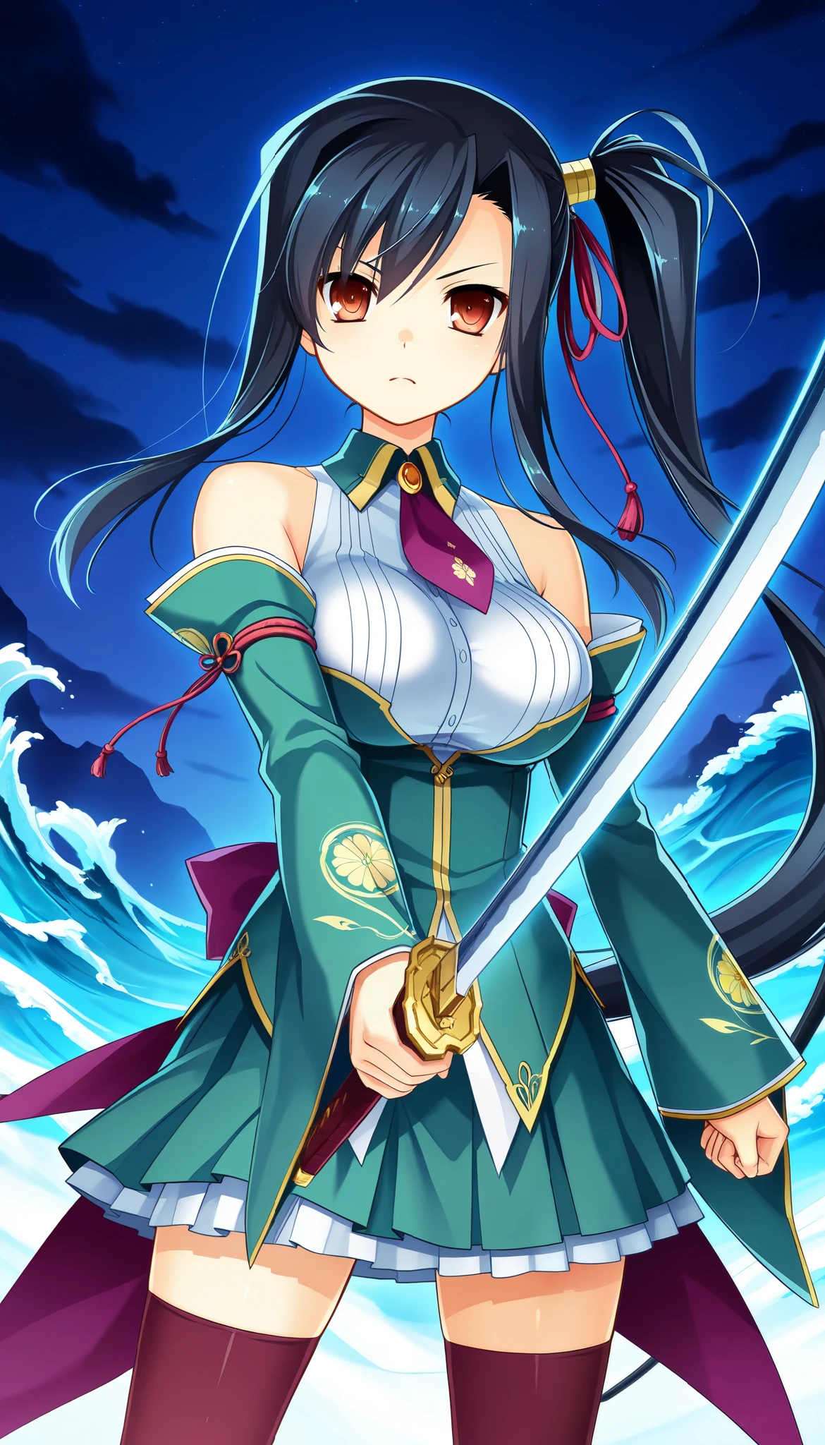 (((highest quality, masterpiece,Like Japan cartoons))), (red eyes,samurai girl),black hair,The back of the head is braided,medium breasts,cleavage,side boob,black clothes,broken kimono,Japan have a sword