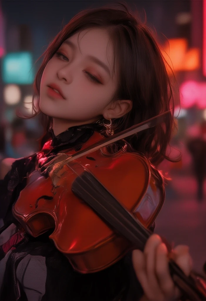 detailed hands
prompt:,
- description: "(masterpiece, 4K, 8k, high resolution, ultra-detailed:1.2),(realistic, photorealistic, photo-realistic:1.37),A young and cute woman playing the violin dynamically on an urban street at night,with vibrant neon lights in the background. She appears immersed in the music,fully enjoying it from her heart. Her eyes are gently closed,with a soft smile on her lips,as she lets herself flow with the music. Her hair moves naturally,with a soft glow,and her hands are positioned accurately,with fingers precisely placed on the strings and bow. The background shows a lively cityscape with neon lights,softly blurred to add depth and convey the urban atmosphere. Neon lights softly reflect off her skin and instrument,enhancing her serene smile and peaceful expression.",
- style: "Photorealistic,ultra-detailed,night scene",
- details:,
- "Full or upper body visible,taking a dynamic performance pose on an urban street at night",
- "Accurate details of hands and fingers",
- "Powerful posture,firmly holding the violin and moving the bow dynamically",
- "Gently closed eyes and a soft smile,fully immersed in the music",
- "Hair moving naturally with a soft shine",
- "High-resolution details capturing skin,hair,gently closed eyes,and soft smile",
- "Lively neon cityscape in the background,with a soft blur",
- attire: "Casual,stylish attire suitable for an urban night scene",
- facial_expression: "Enjoying the music wholeheartedly, eyes gently closed,with a soft smile on her lips",
- lighting: "Natural reflections from neon lights on her face,hair,and instrument",
- color_tone: "Vibrant neon tones with realistic balance",
- model_pose: "Dynamic,energetic pose as she holds the violin and performs with movement",