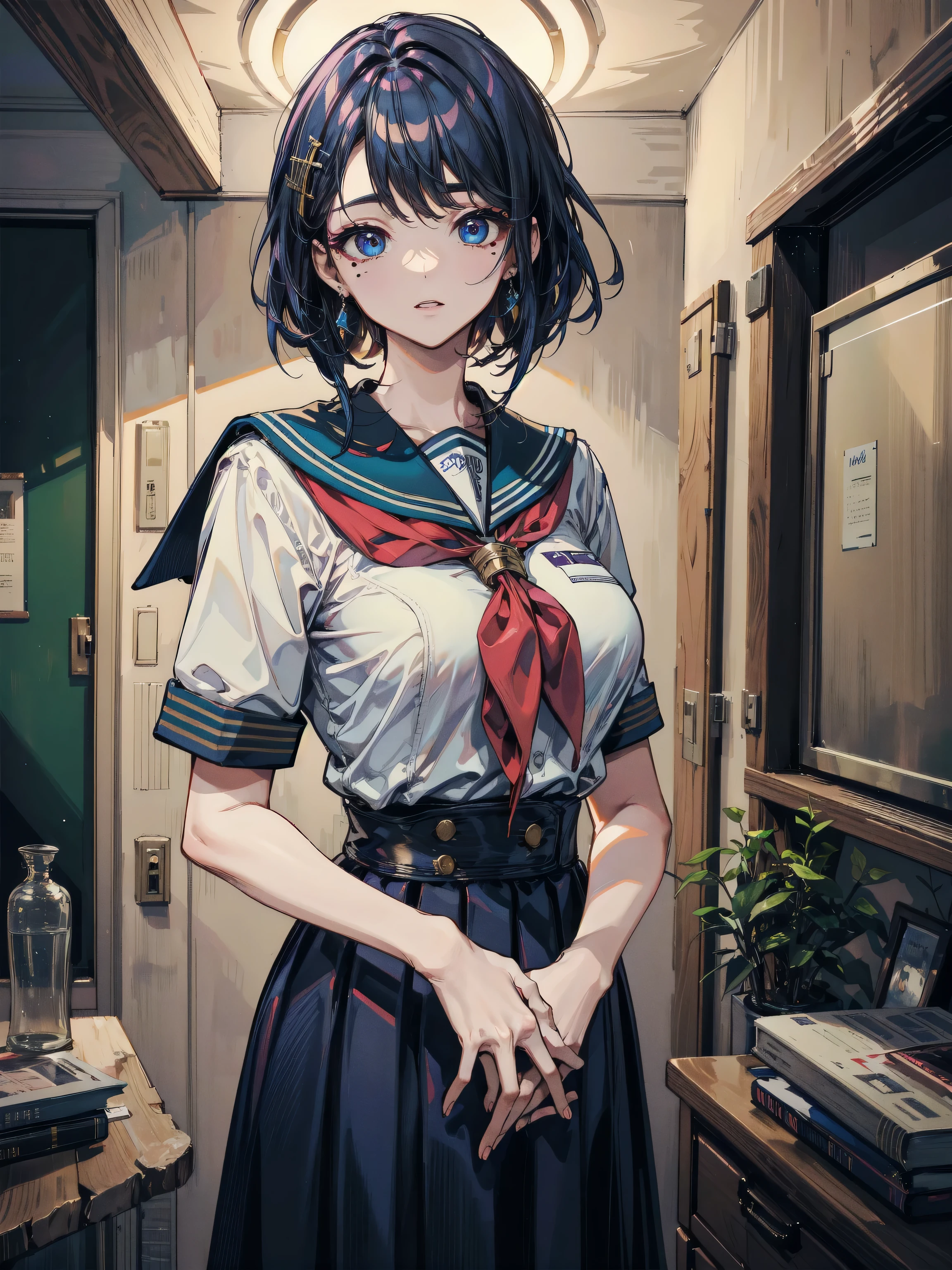 16k, UHD, Hyperrealistic, best quality, high detail, anime style, beautiful woman, school girl outfit, very short skirt, short unbuttoned top, exposed stomach, high socks, black hair in a pony tail, blue eyes, beauty mark, sitting on desk, legs spread, panties exposed, underboob, blushing, bracelets, large boobs, chalkboard
